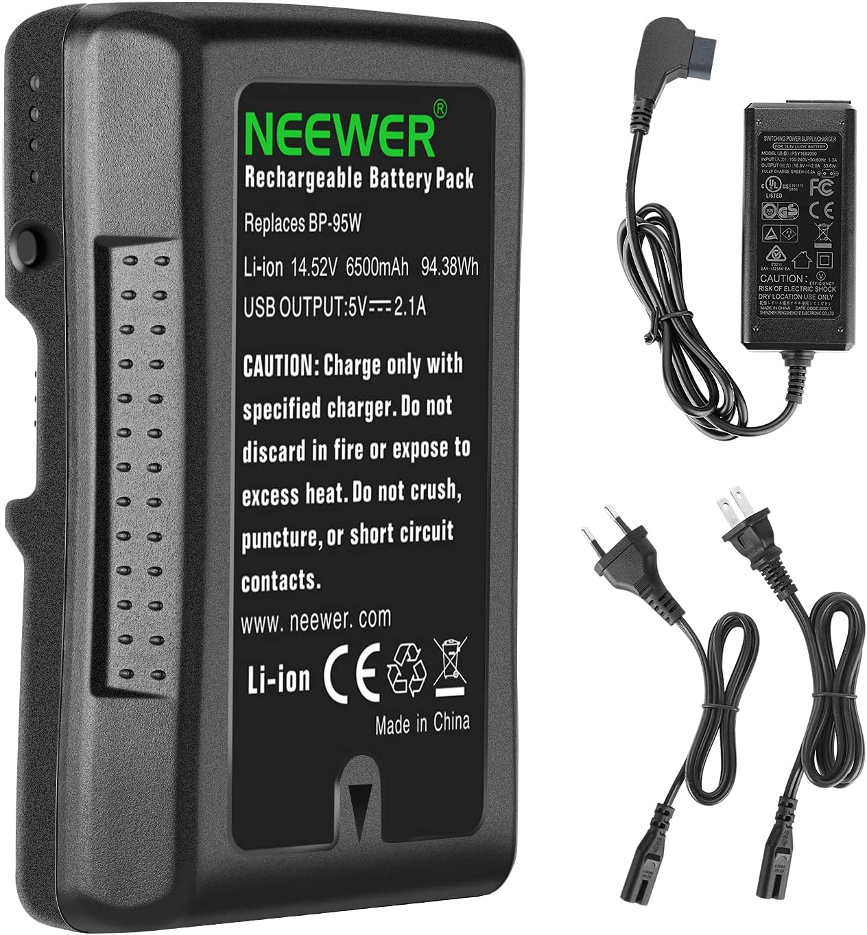 Neewer 95wh (6600mAh) V-Mount/V-Lock Battery, 14.8v Rechargeable Li-ion Battery with D-Tap Charger Output and D-Tap Cable Compatible Sony Video Broadcast Camcorder Camcorder LED Light (bp-95w)