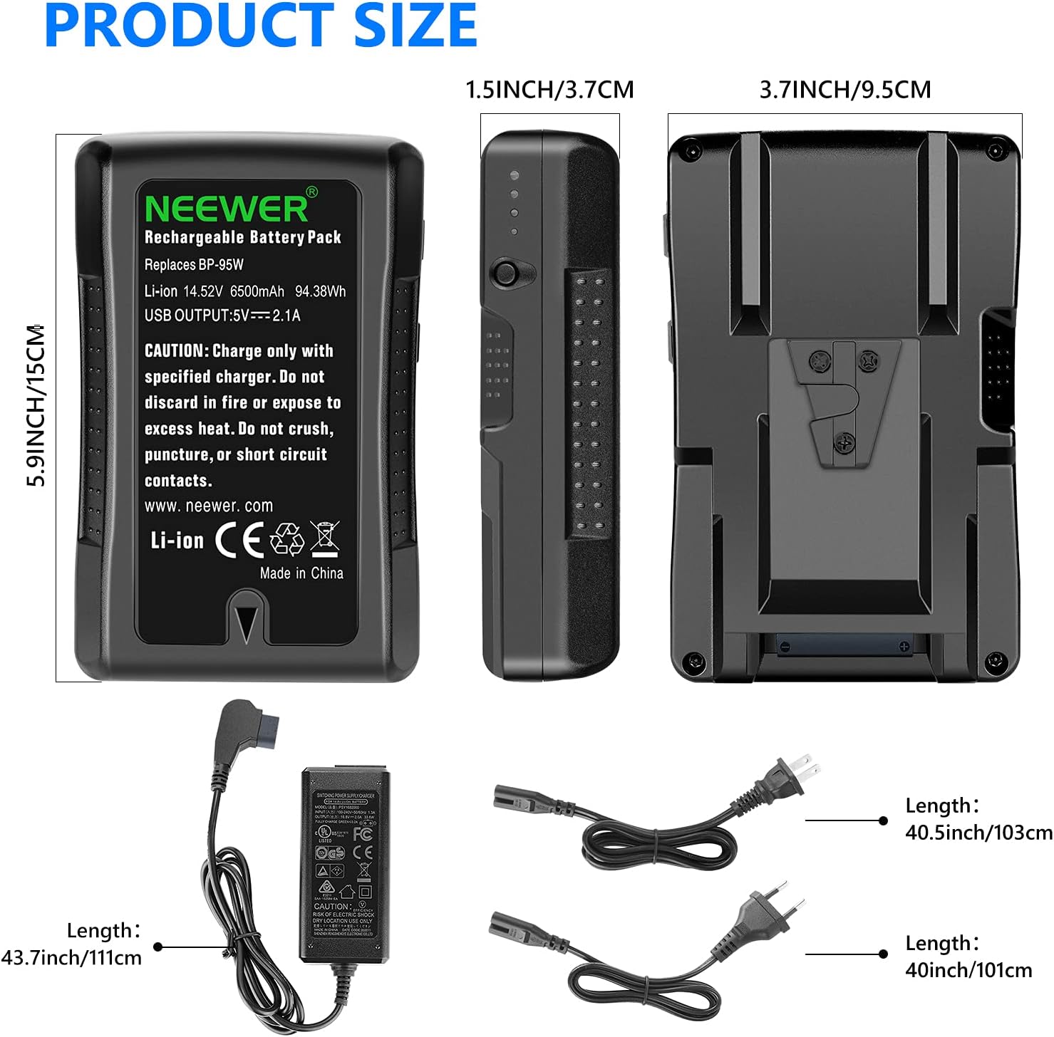 Neewer 95wh (6600mAh) V-Mount/V-Lock Battery, 14.8v Rechargeable Li-ion Battery with D-Tap Charger Output and D-Tap Cable Compatible Sony Video Broadcast Camcorder Camcorder LED Light (bp-95w)