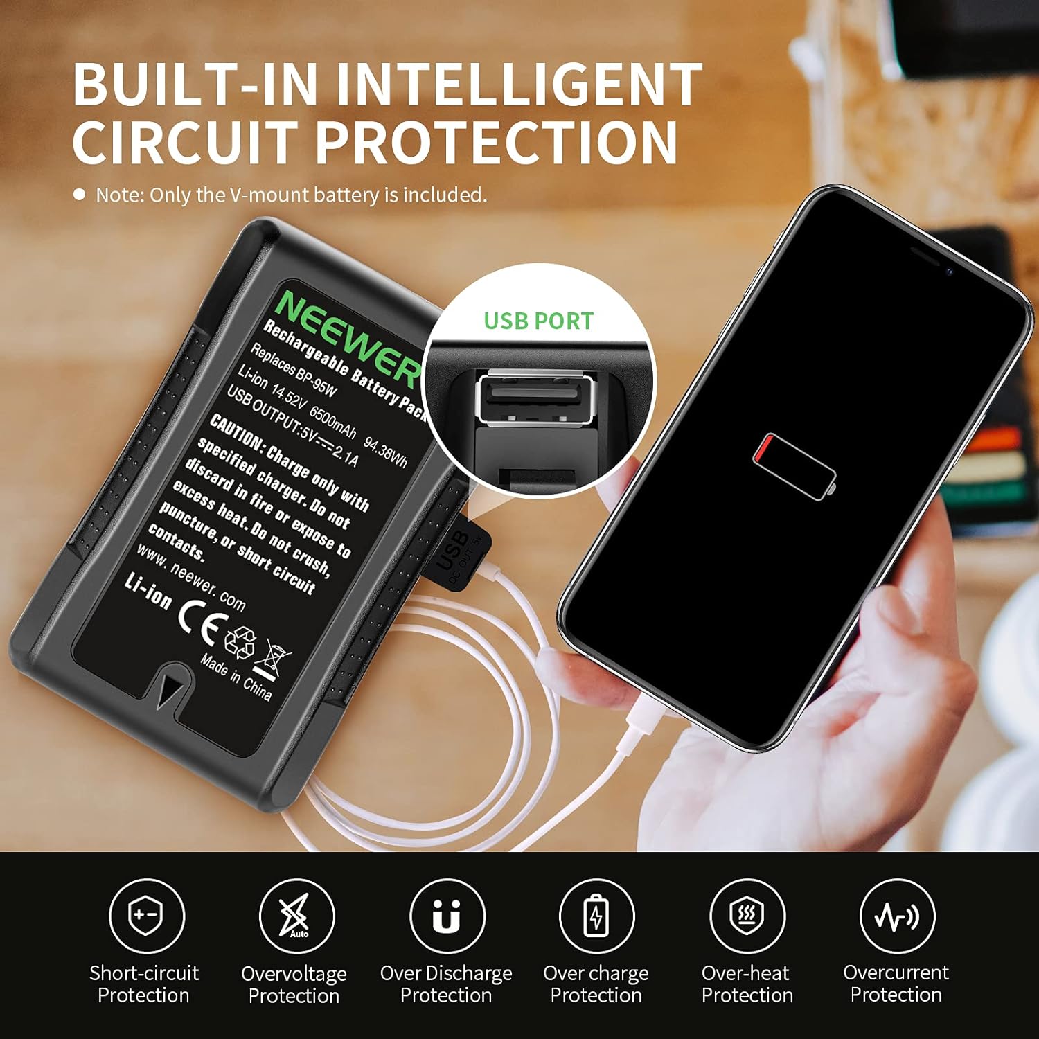 Neewer 95wh (6600mAh) V-Mount/V-Lock Battery, 14.8v Rechargeable Li-ion Battery with D-Tap Charger Output and D-Tap Cable Compatible Sony Video Broadcast Camcorder Camcorder LED Light (bp-95w)