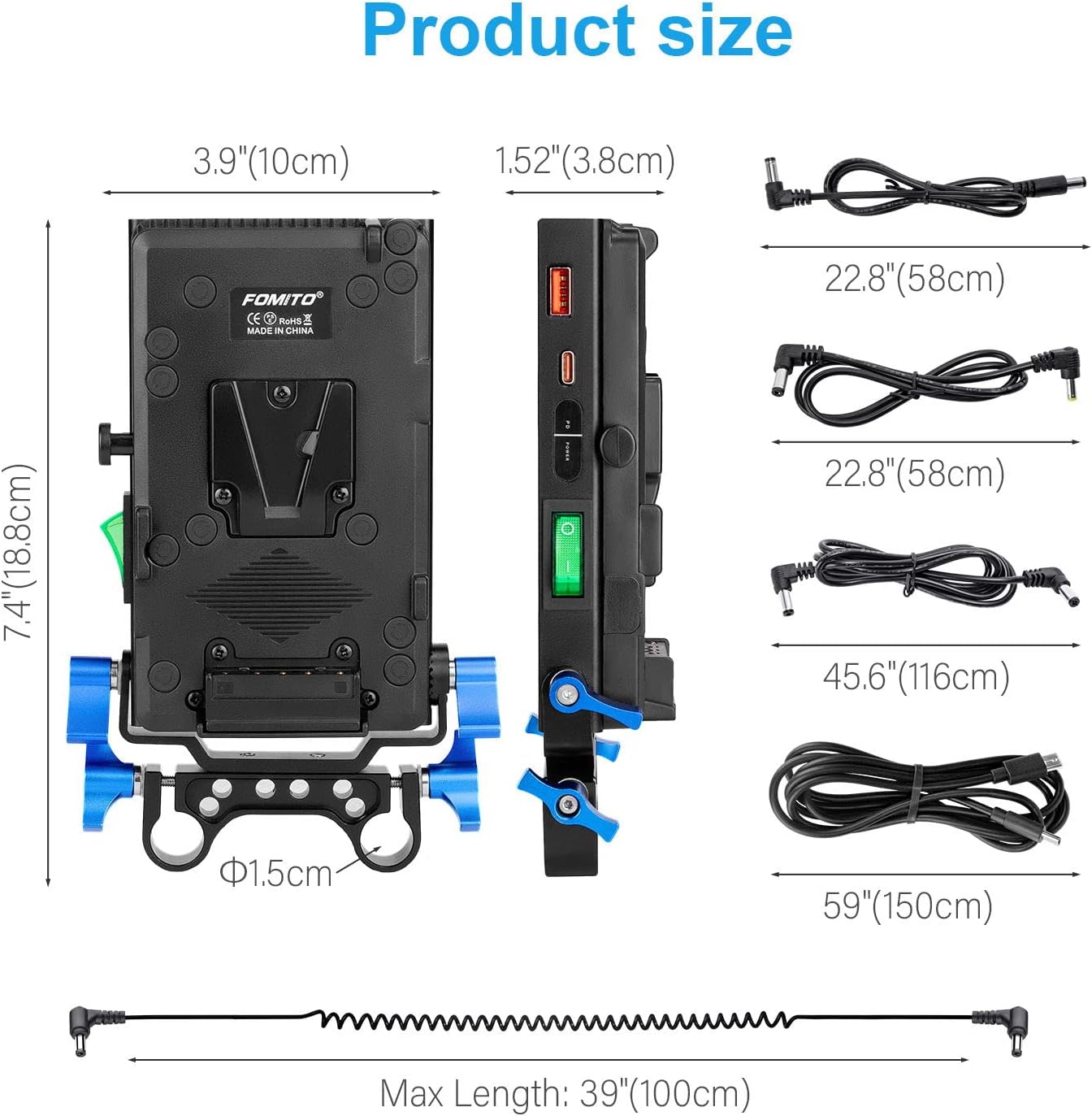FOMITO V-Mount V-Lock Quick Release Battery Plate Power Adapter with 15mm Rod Clamp Built-in Type-C Fast Charging Input