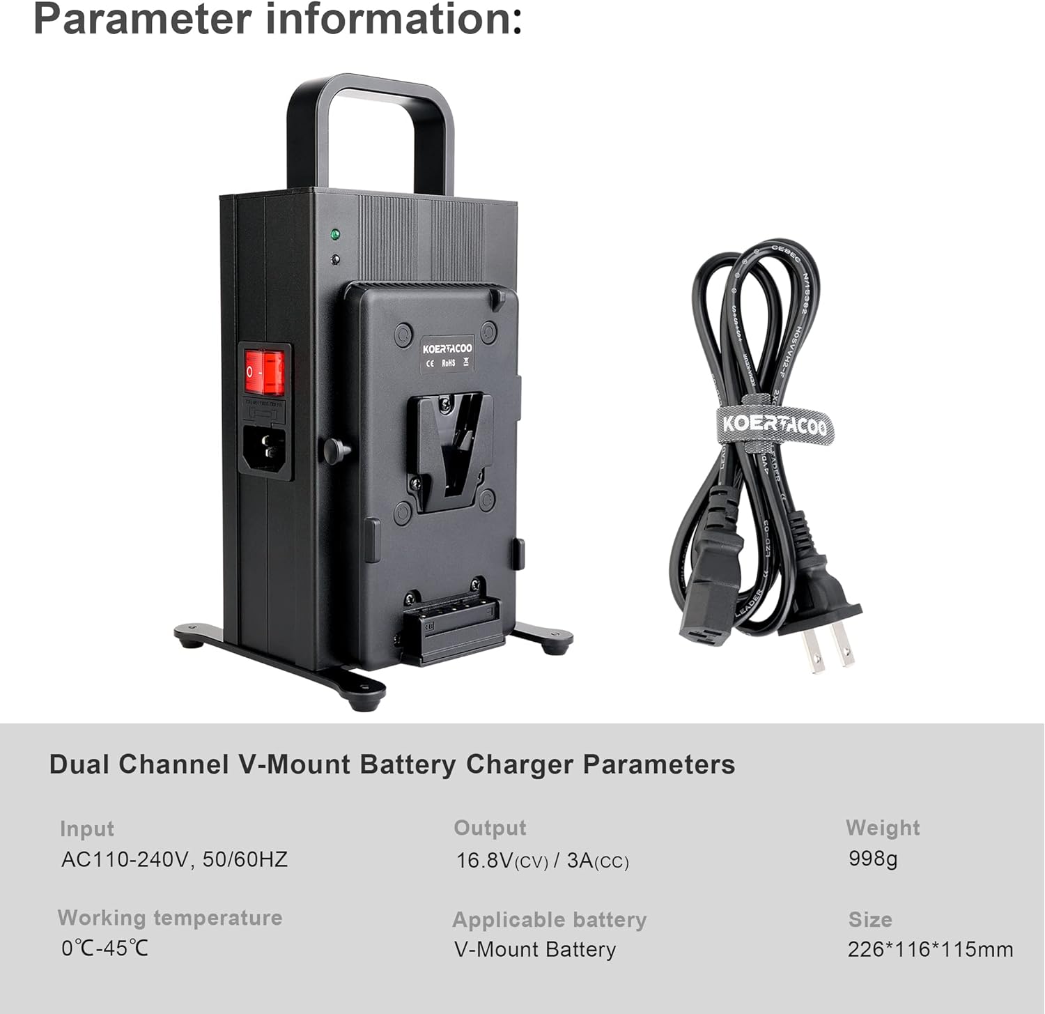 KOERTACOO 16.8V/3A Dual Channel V-Mount/V-Lock Battery Fast Charger, Compatible with All V-Mount Batteries and V-Mount Brick On The Market.