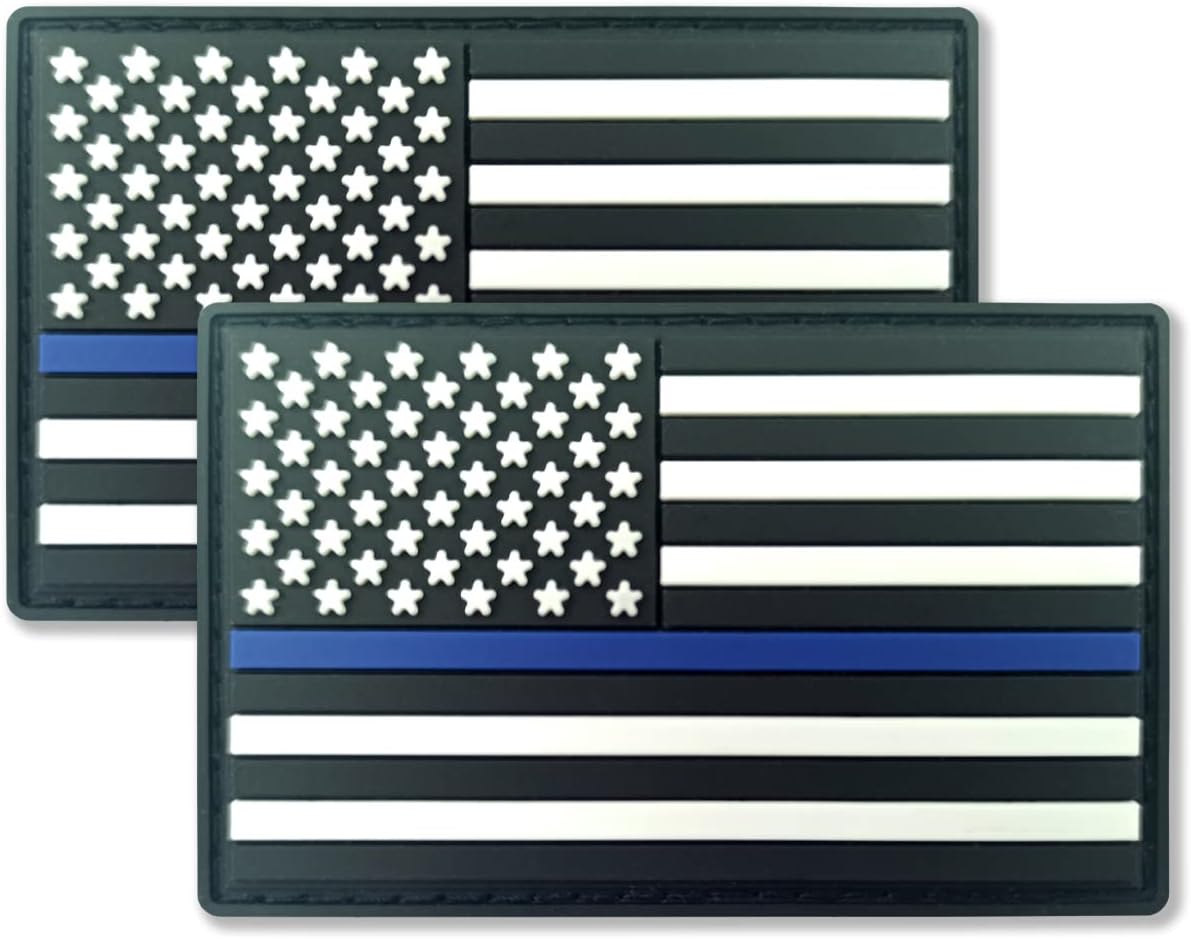 QQSD Thin Blue Line American Flag Patch Police Tactical Patch - PVC Hook and Loop Fastener Patch, 2 Pack