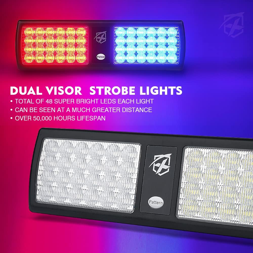 Xprite Red/Blue LED Dual Visor Strobe Flashing Lights, Interior Windshield Sunshield Emergency Warning Lights for Police Volunteer Firefighter Vehicles Trucks