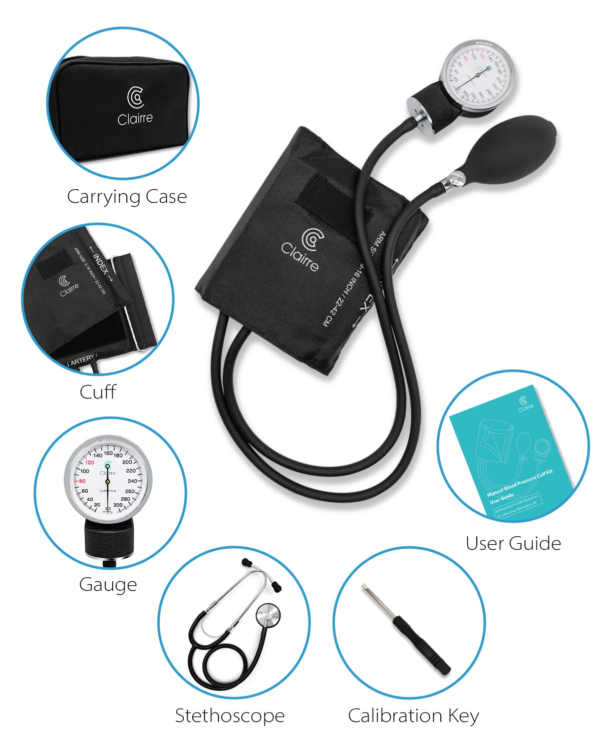 Clairre Professional Sphygmomanometer Manual Blood Pressure Cuff and Stethoscope Kit for Nurses/Doctors/Nursing Students, Carrying Case Included, Universal Cuff Size: 9-16 inch (Black)