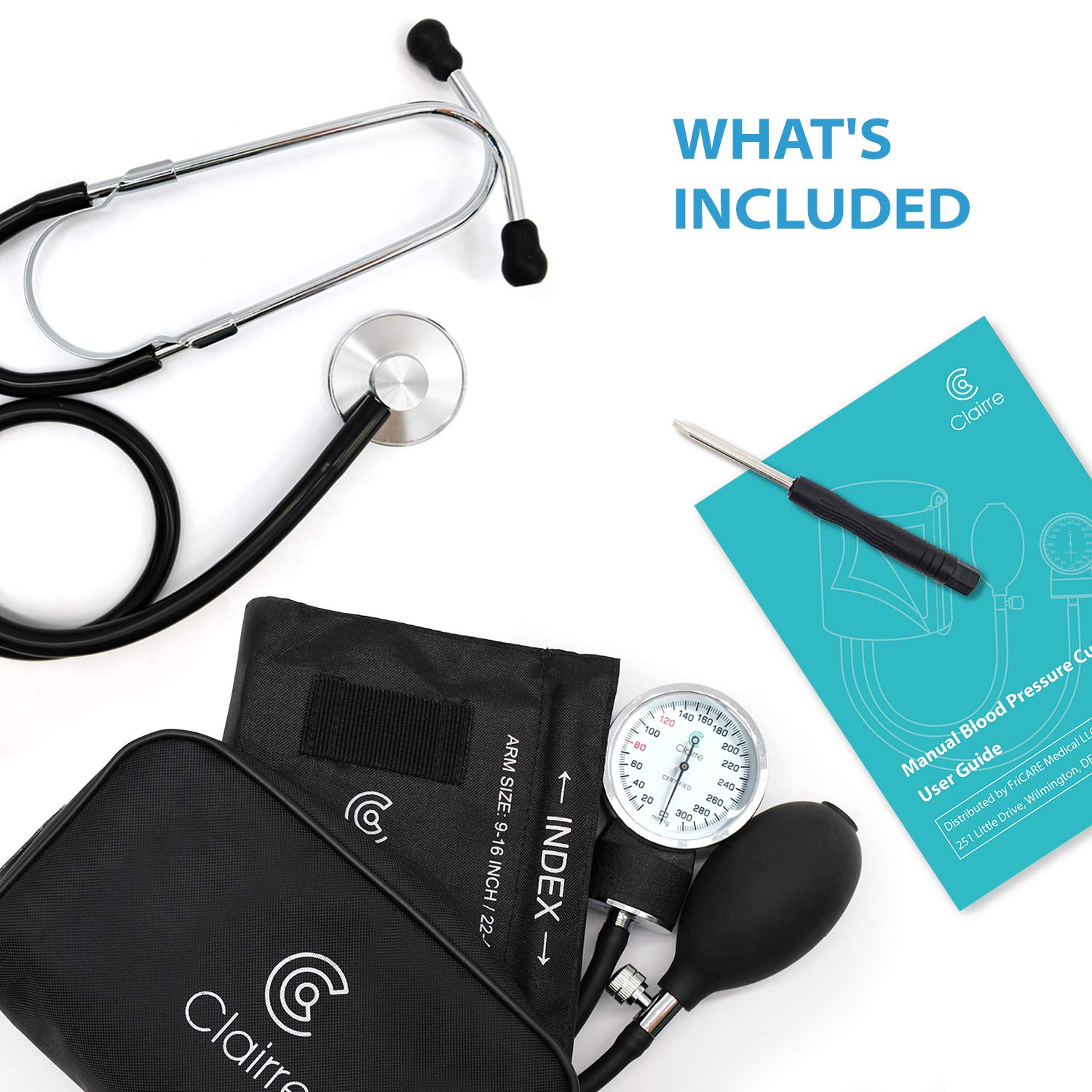 Clairre Professional Sphygmomanometer Manual Blood Pressure Cuff and Stethoscope Kit for Nurses/Doctors/Nursing Students, Carrying Case Included, Universal Cuff Size: 9-16 inch (Black)
