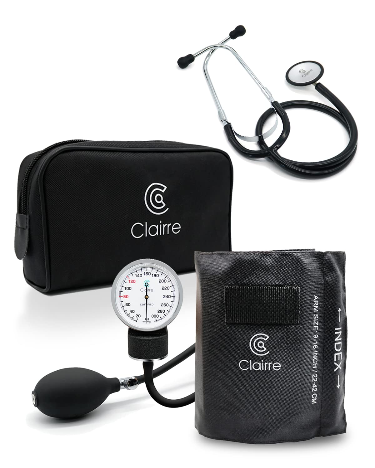 Clairre Professional Sphygmomanometer Manual Blood Pressure Cuff and Stethoscope Kit for Nurses/Doctors/Nursing Students, Carrying Case Included, Universal Cuff Size: 9-16 inch (Black)