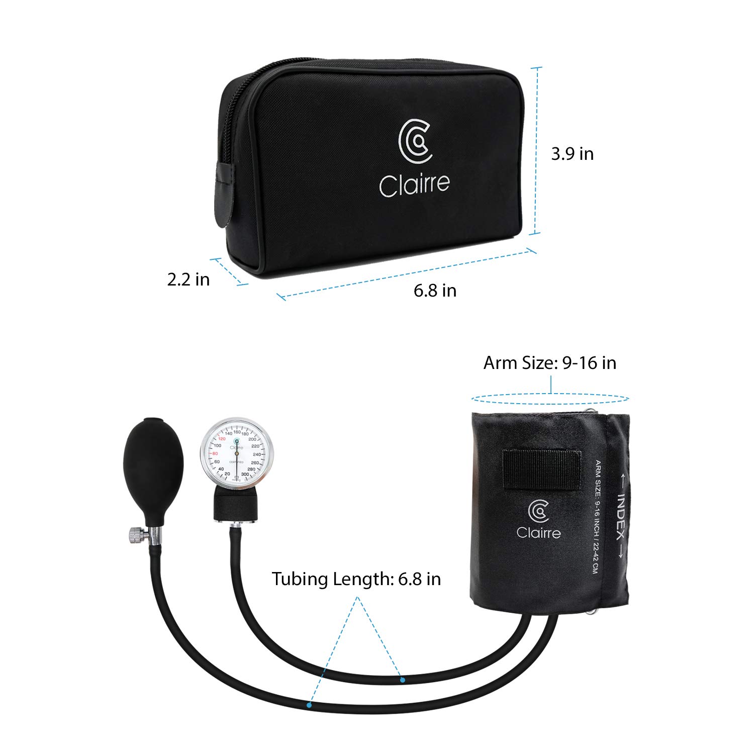 Clairre Professional Sphygmomanometer Manual Blood Pressure Cuff and Stethoscope Kit for Nurses/Doctors/Nursing Students, Carrying Case Included, Universal Cuff Size: 9-16 inch (Black)