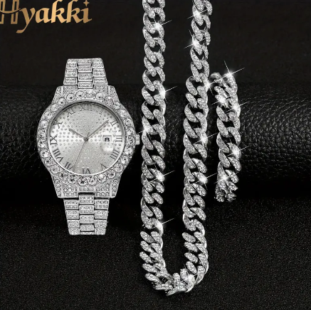 3pcs/set, 1pc Paved Rhinestone Men's Wrist Watch & 2pcs Cuban Chain Jewelry Sets, Men And Women's Gift