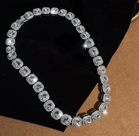 1pc Dazzling Square-Cut Rhinestone Mens Cuban Necklace - Shimmering Elegance for Unmatched Style