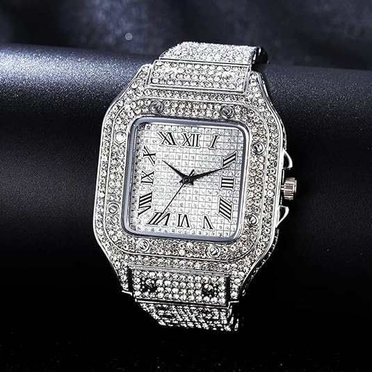 Apzzic Diamond Watch Iced Out CZ Gold Plated Cuban Link Watch Square Dial Quartz Wristband Analog Wrist Watch for Men Women