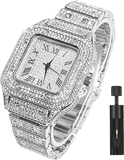 Apzzic Diamond Watch Iced Out CZ Gold Plated Cuban Link Watch Square Dial Quartz Wristband Analog Wrist Watch for Men Women