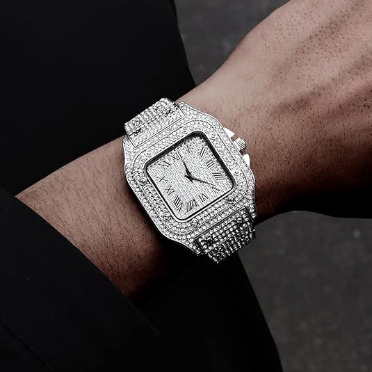 Apzzic Diamond Watch Iced Out CZ Gold Plated Cuban Link Watch Square Dial Quartz Wristband Analog Wrist Watch for Men Women