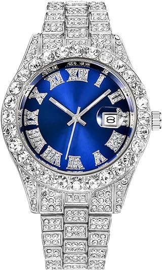 SENRUD Men's Diamond Watch Fashion Crystal Rhinestone Quartz Analog Watch Iced-Out Bracelet Wrist Watch