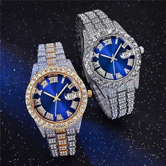 SENRUD Men's Diamond Watch Fashion Crystal Rhinestone Quartz Analog Watch Iced-Out Bracelet Wrist Watch