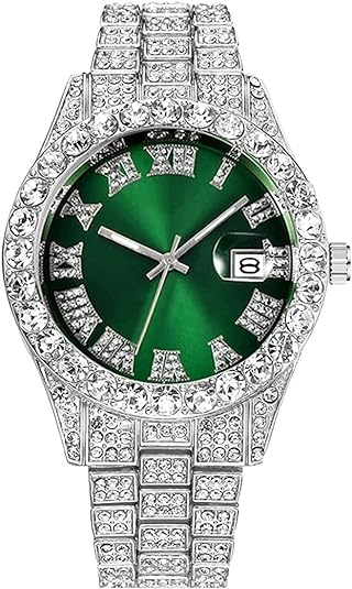 SENRUD Men's Diamond Watch Fashion Crystal Rhinestone Quartz Analog Watch Iced-Out Bracelet Wrist Watch
