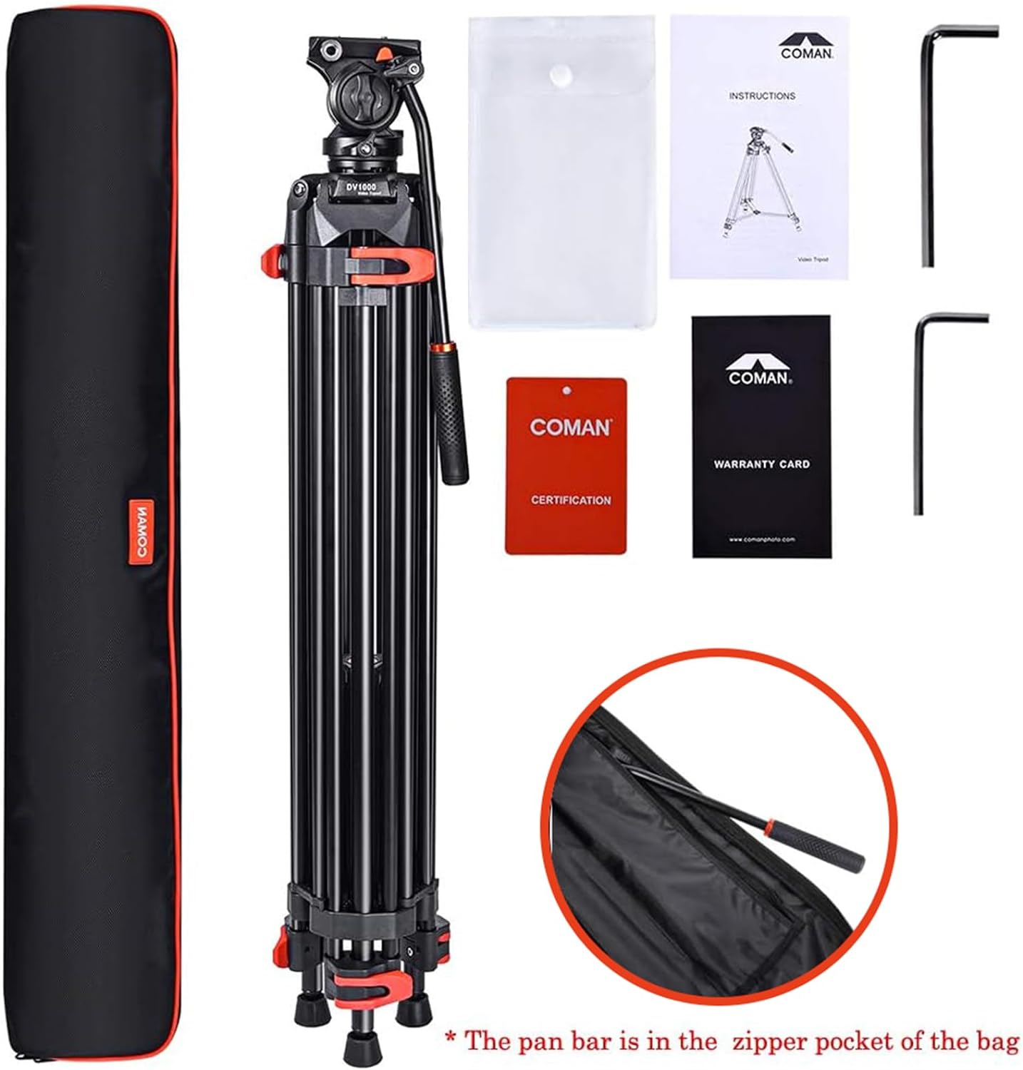 Heavy Duty COMAN Tripod Professional Video Tripod Aluminium 72inch with 360 Degree Fluid Head for Canon Nikon DSLR Camcorder Cameras Spotting Scopes