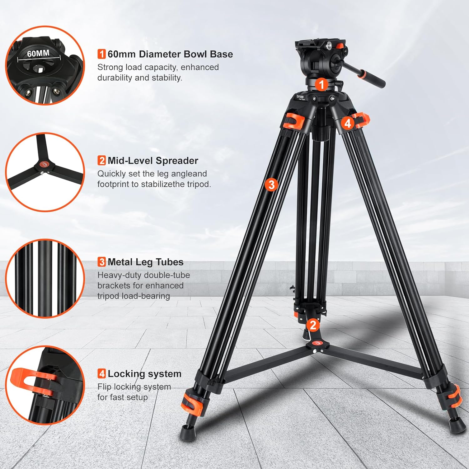 Heavy Duty COMAN Tripod Professional Video Tripod Aluminium 72inch with 360 Degree Fluid Head for Canon Nikon DSLR Camcorder Cameras Spotting Scopes