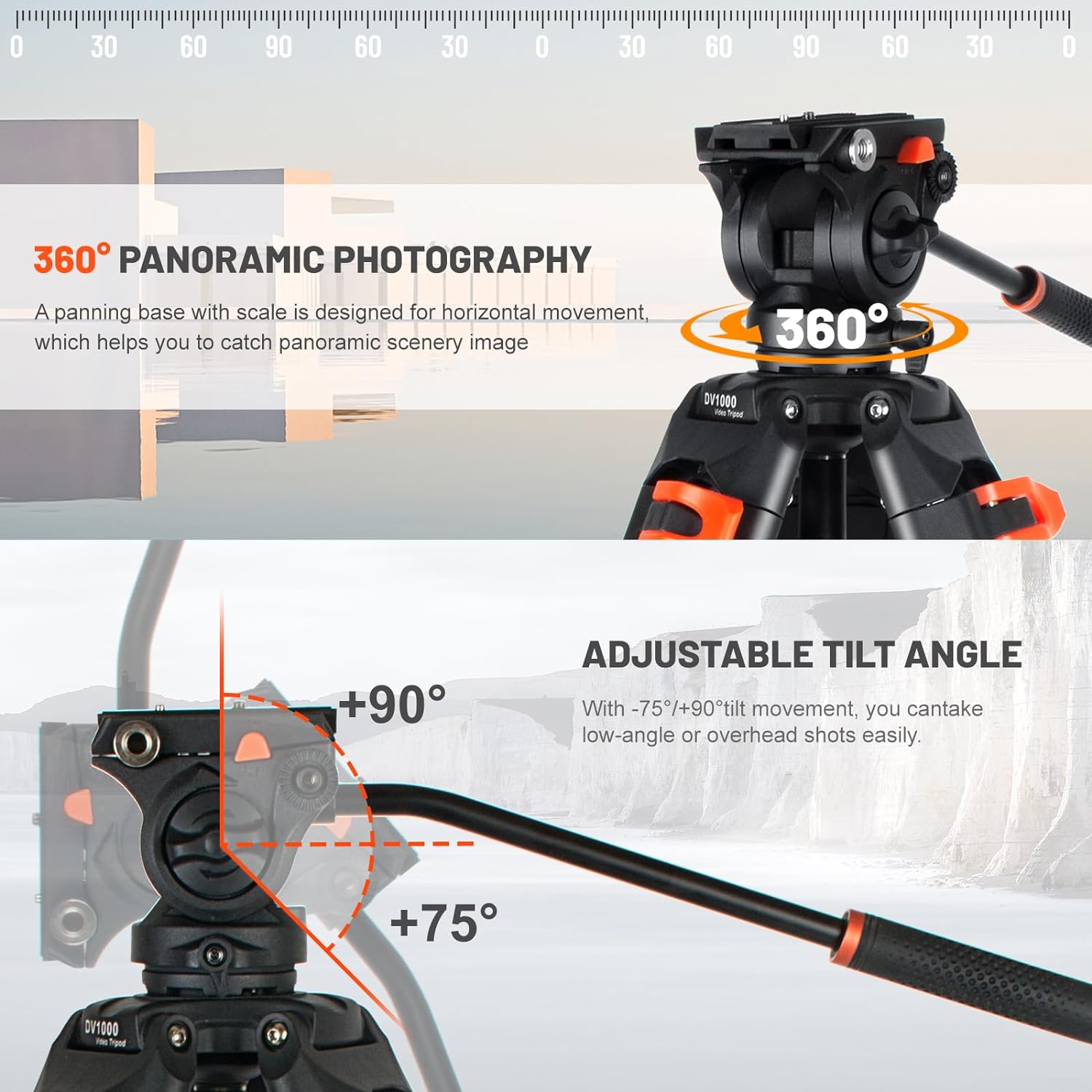 Heavy Duty COMAN Tripod Professional Video Tripod Aluminium 72inch with 360 Degree Fluid Head for Canon Nikon DSLR Camcorder Cameras Spotting Scopes