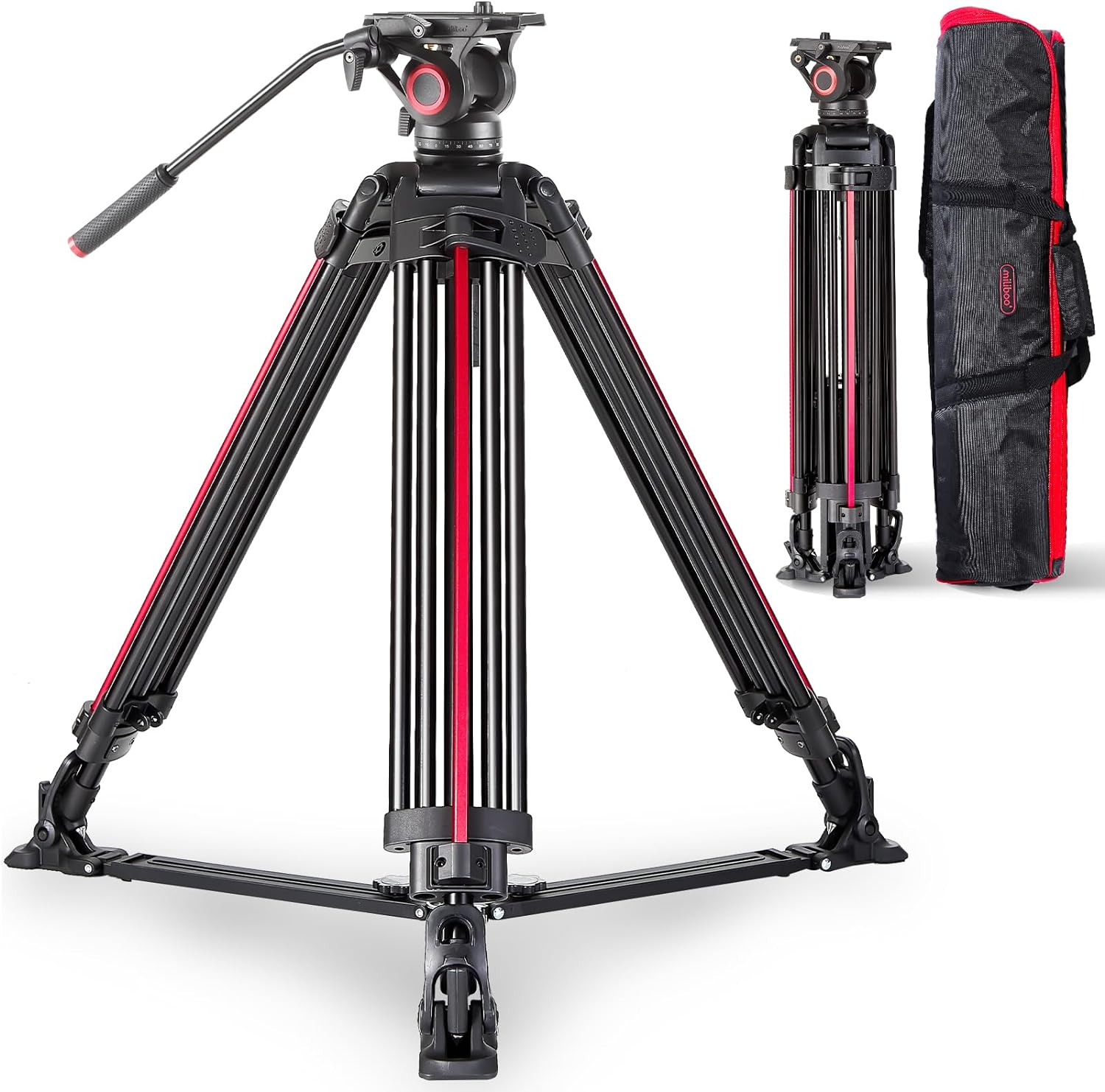 Miliboo 67" Video Tripod with One-Step Locking System，Aluminum Camera Tripod for Heavy Duty with Fluid Head,Quick Release Plate and Ground Spreader for DSLR, Camcorder, Cameras (MTT605A)