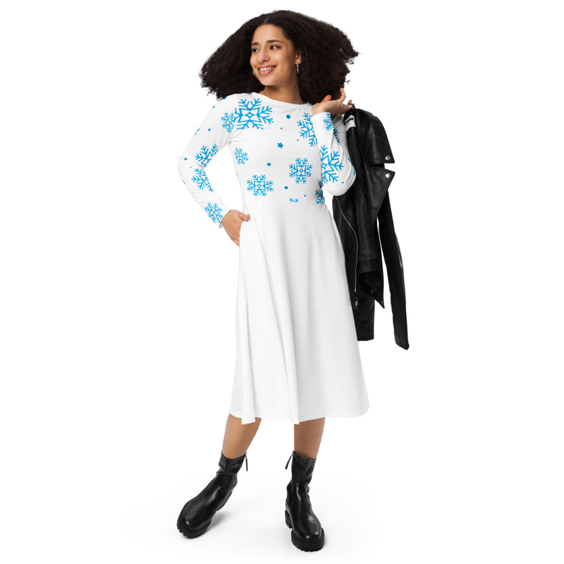 Blue Snowflakes Long Sleeve Midi Dress