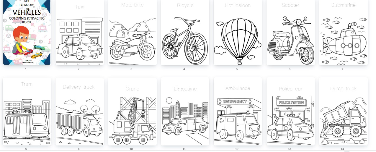 Vehicles coloring & tracing book