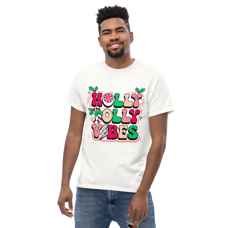 Unisex White T-Shirt – “Holly Jolly Vibes”