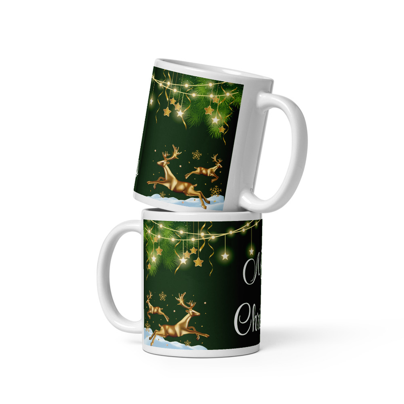Merry Christmas  Ceramic Mug – Golden Reindeer & Green Festive Glow 