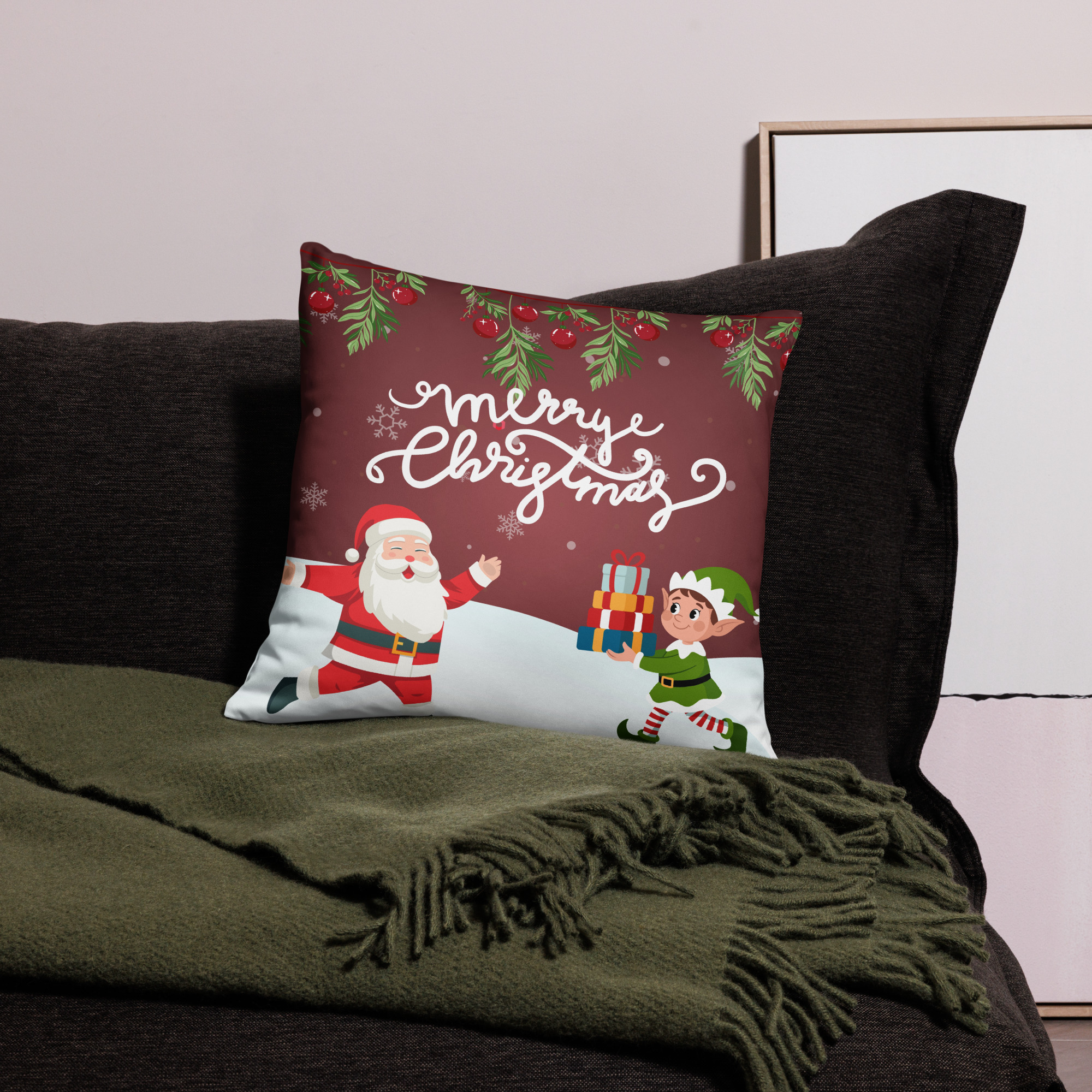 Merry Christmas Santa and Elf throw pillow