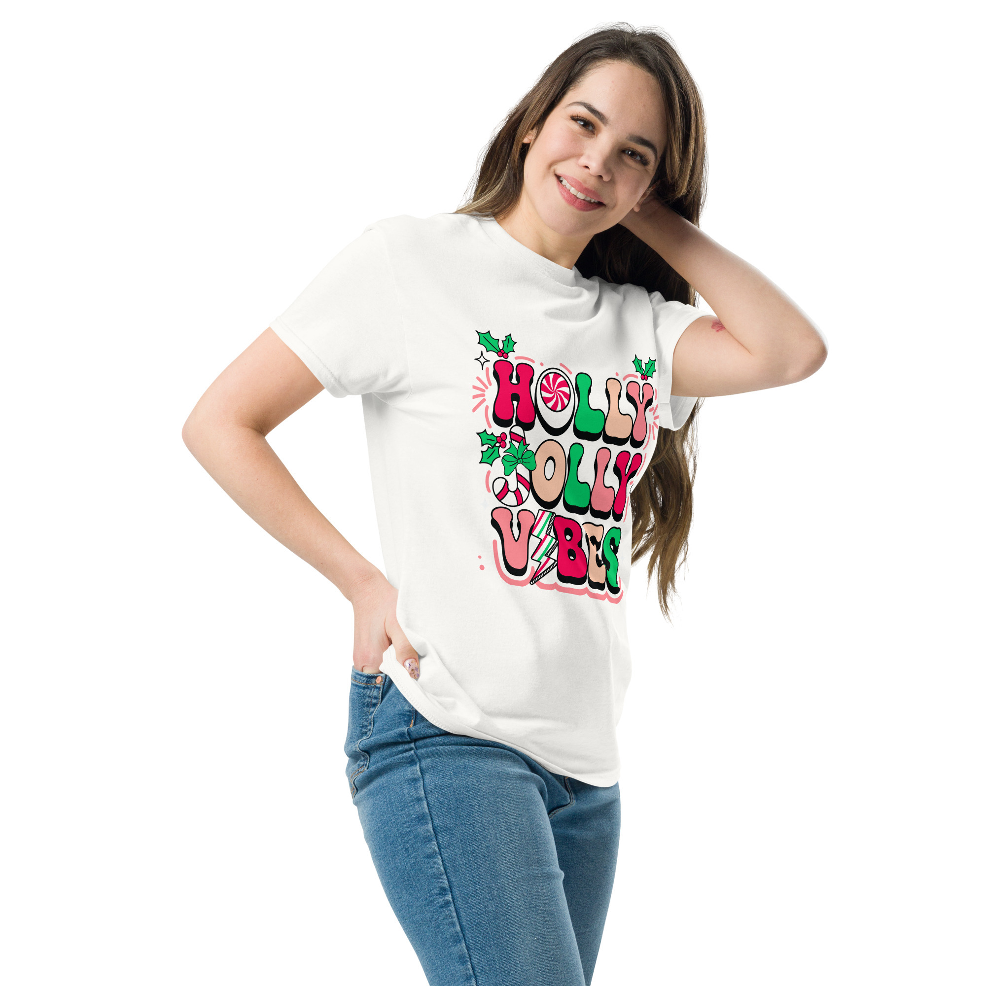 Unisex White T-Shirt – “Holly Jolly Vibes”
