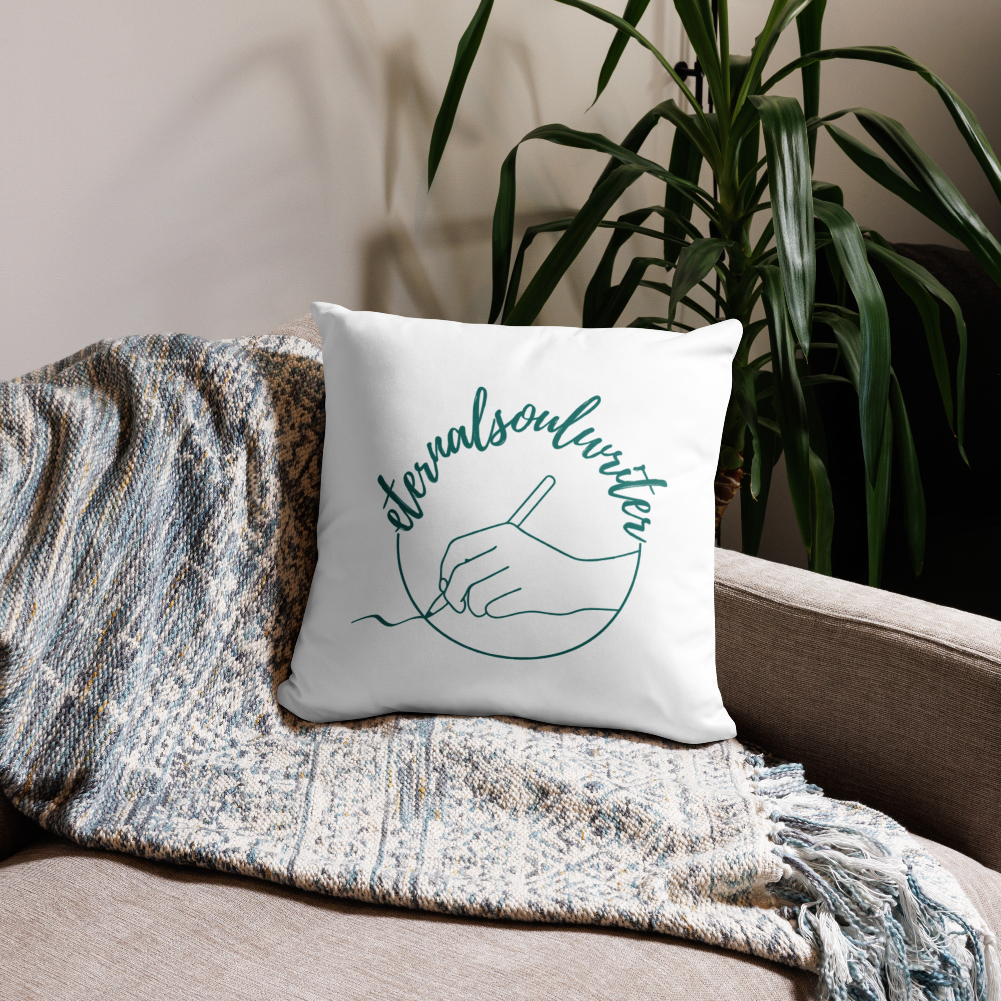 eternalsoulwriter Pillow Case – White with Turquoise Logo (Front & Back)