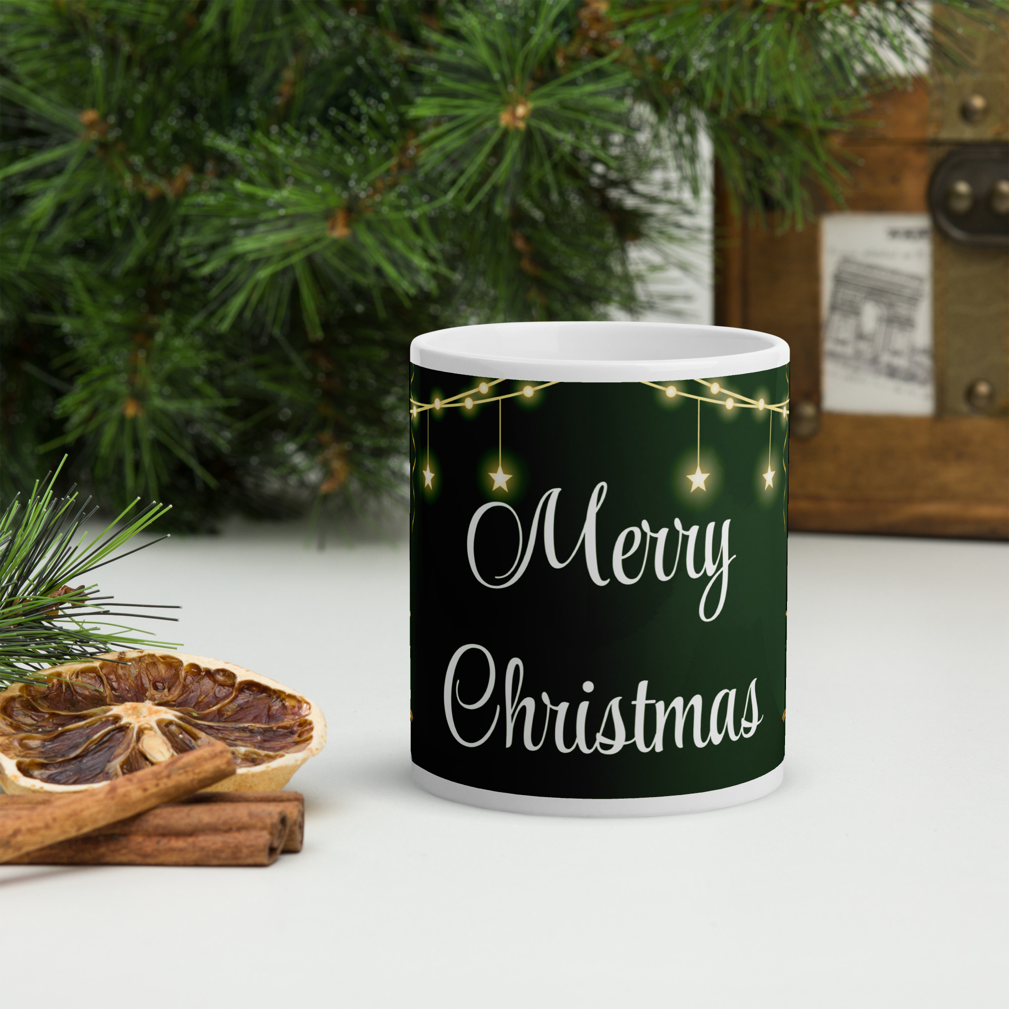 Merry Christmas  Ceramic Mug – Golden Reindeer & Green Festive Glow 