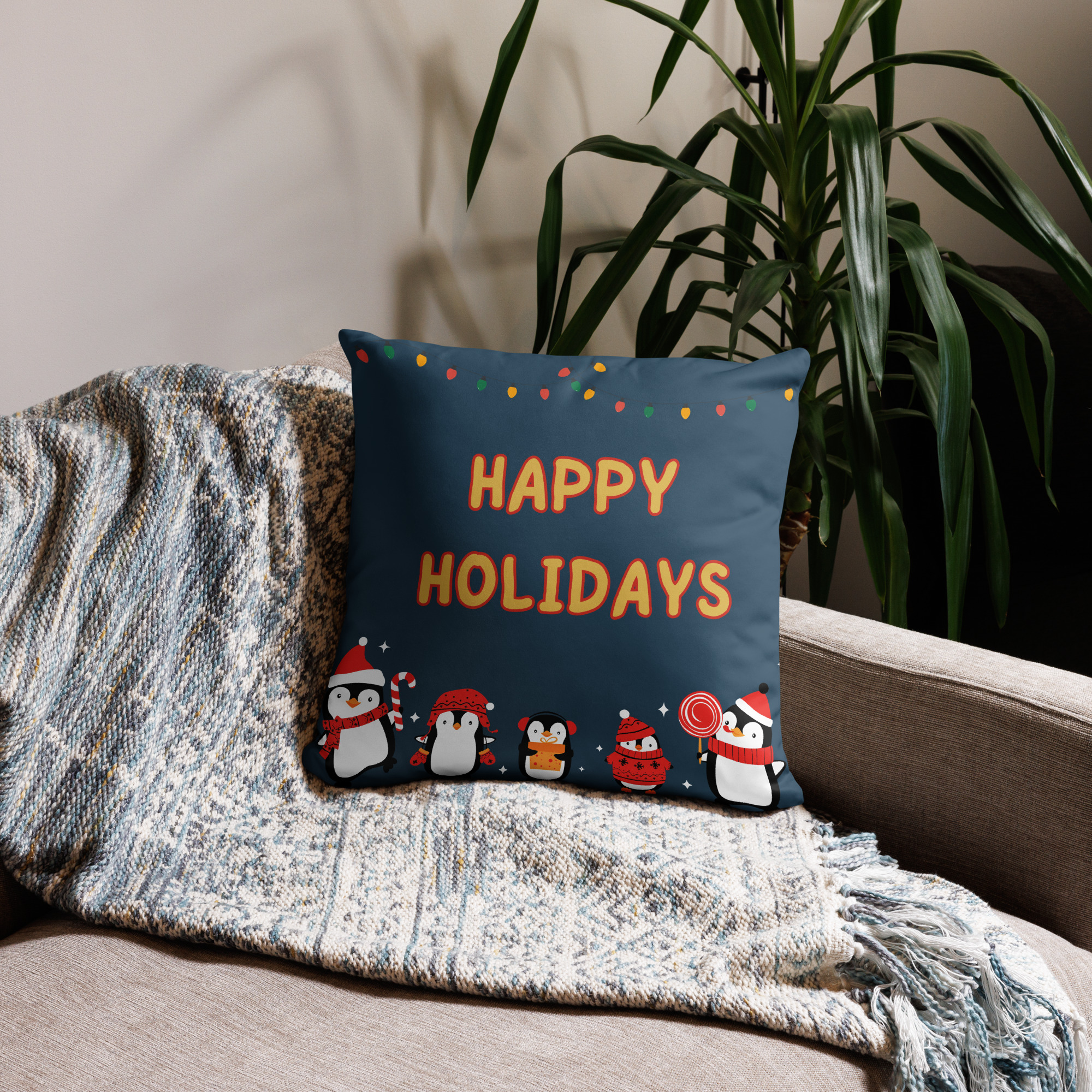 Happy Holidays Penguin Throw Pillow!