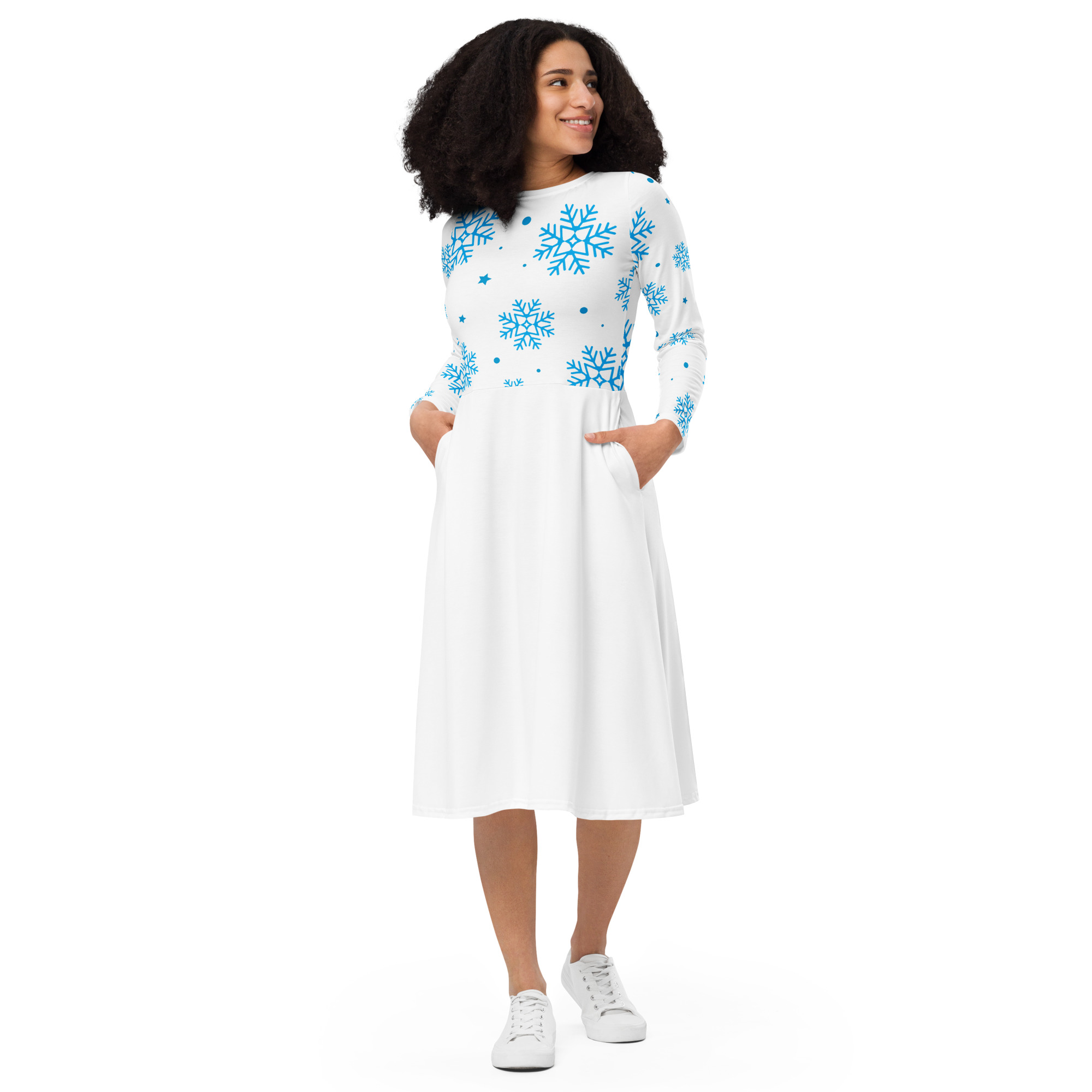 Blue Snowflakes Long Sleeve Midi Dress