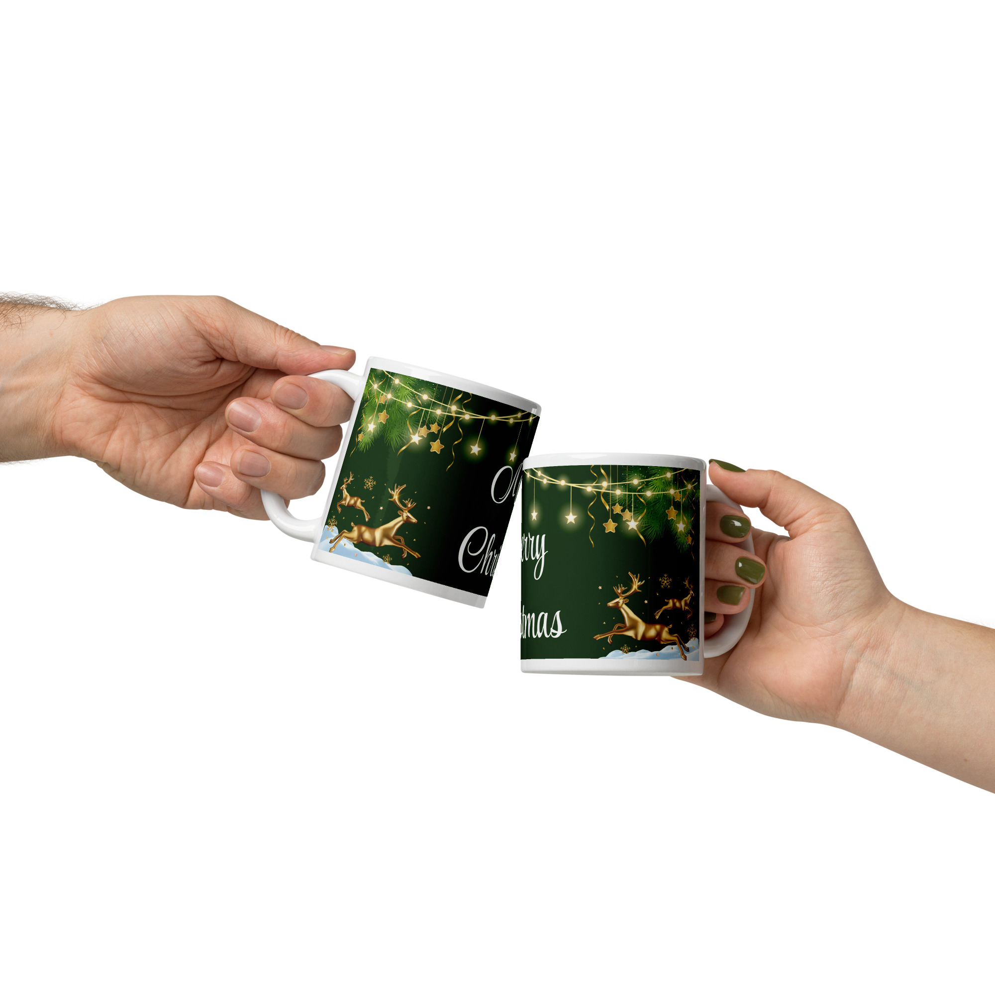 Merry Christmas  Ceramic Mug – Golden Reindeer & Green Festive Glow 