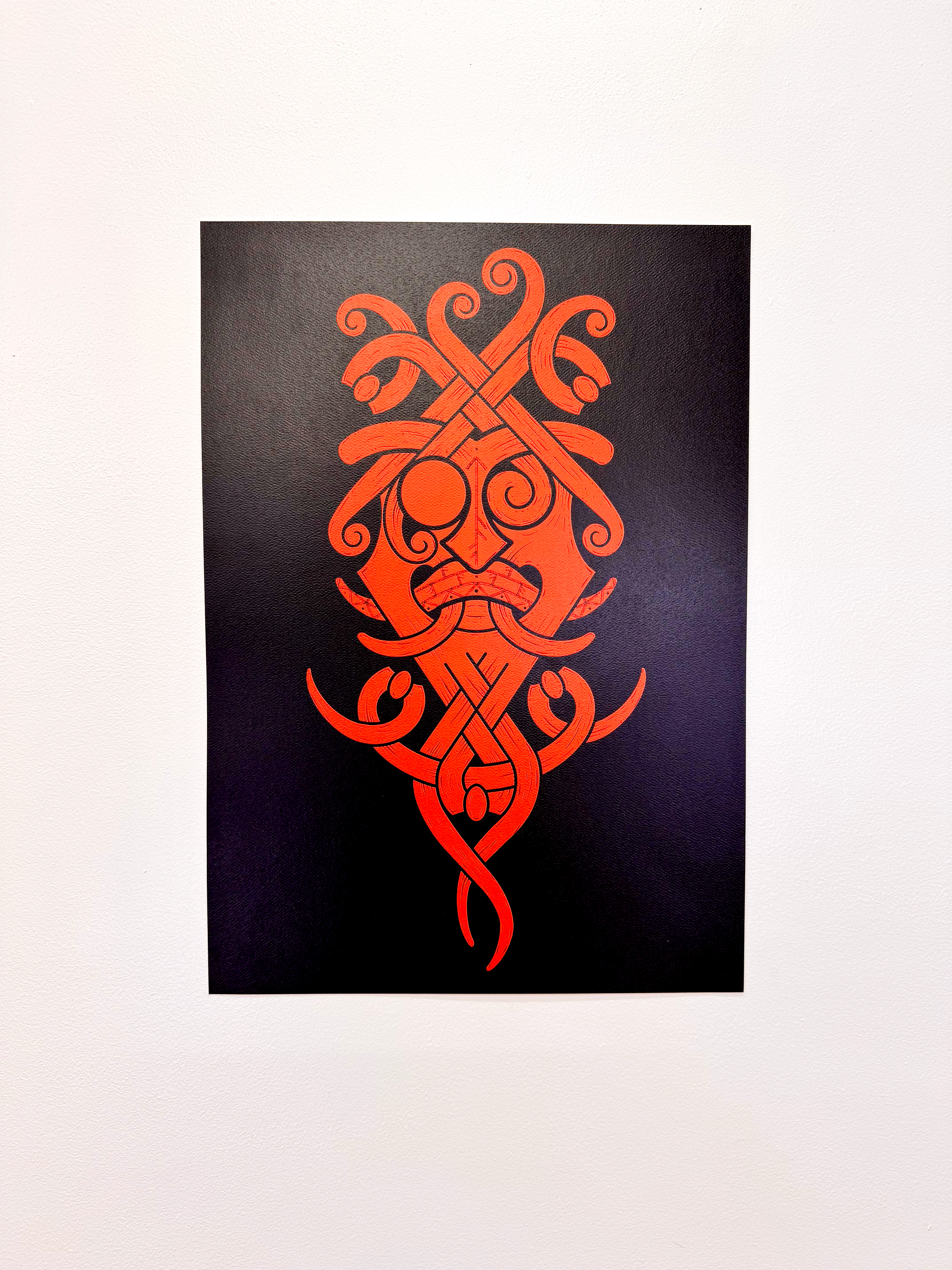 Nordic style Odin God mask art print Orange & Black