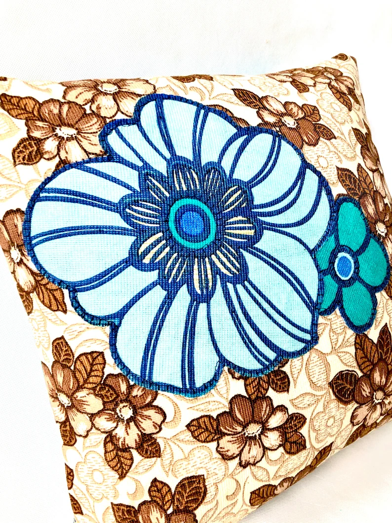 Vintage Reversible brown & blue Floral applique Cushion