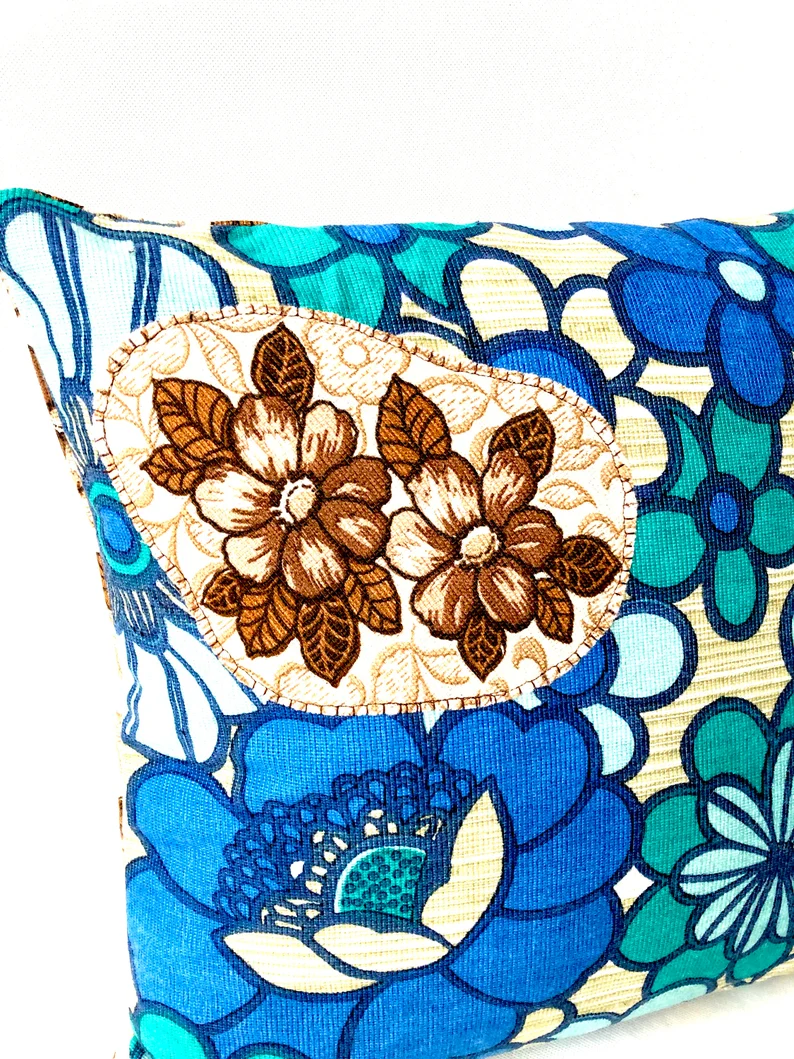 Vintage Reversible brown & blue Floral applique Cushion