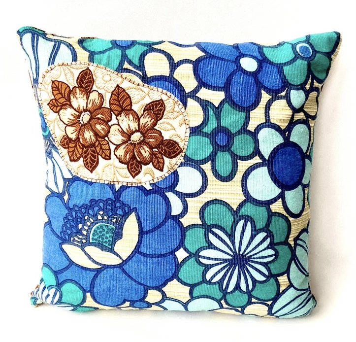 Vintage Reversible brown & blue Floral applique Cushion