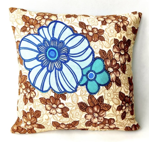 Vintage Reversible brown & blue Floral applique Cushion