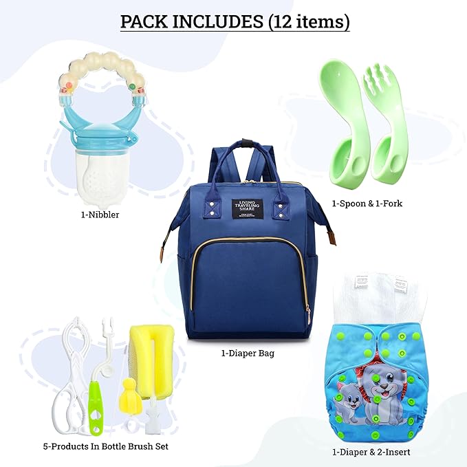 Bembika Baby Daily Essential Combo for Baby, Baby Gift Items Combo, Baby Diapering and Feeding Essentials (Set of 12, Blue)