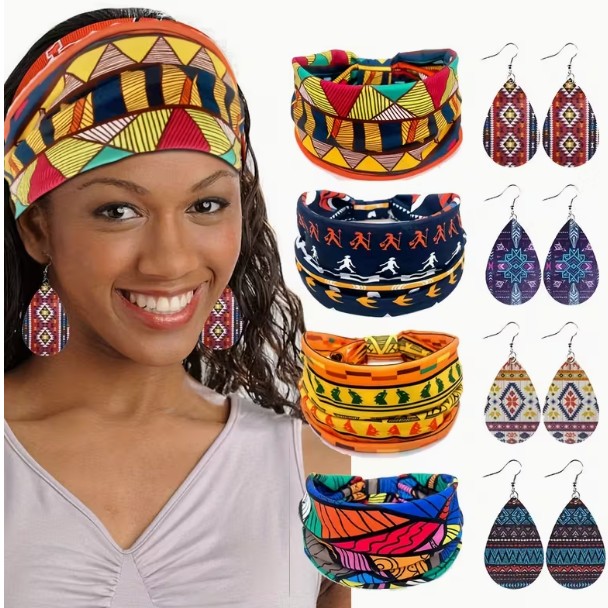 Colorful African Print Headbands and Earrings Set