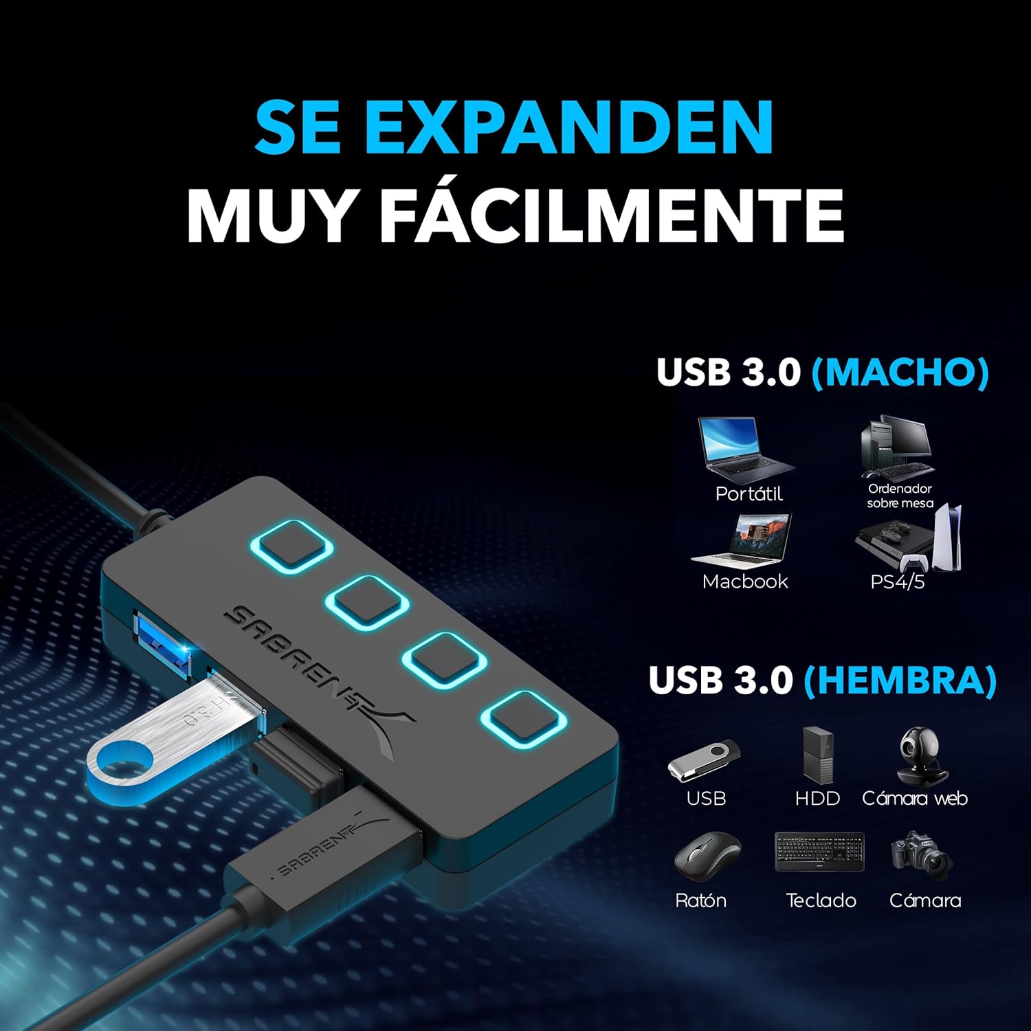 HUB USB 3.0 4 PUERTOS CON ALIMENTADOR