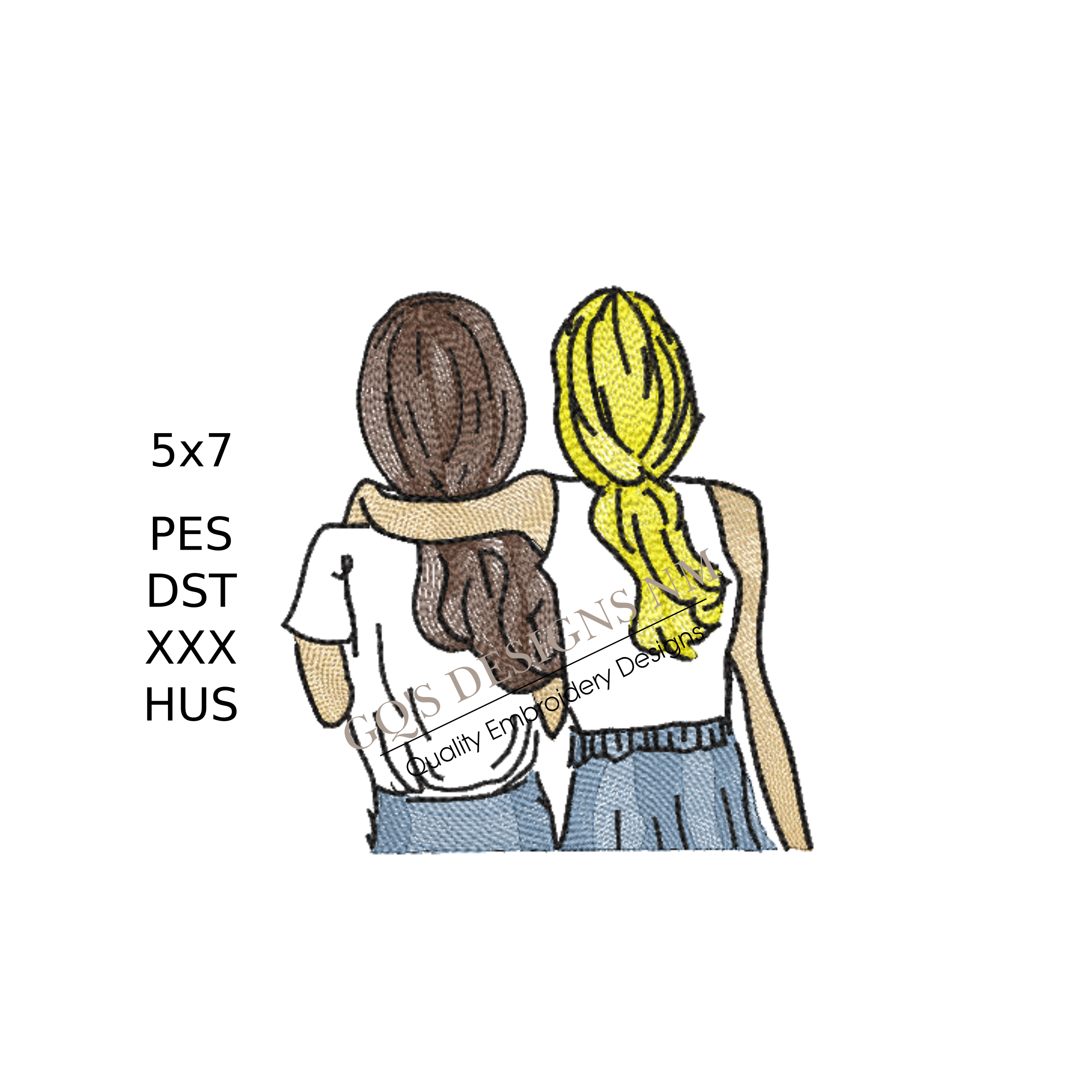 Best Friends with Ponytails Embroidery Design– 2 Girls, 6x10 Hoop, Instant Download