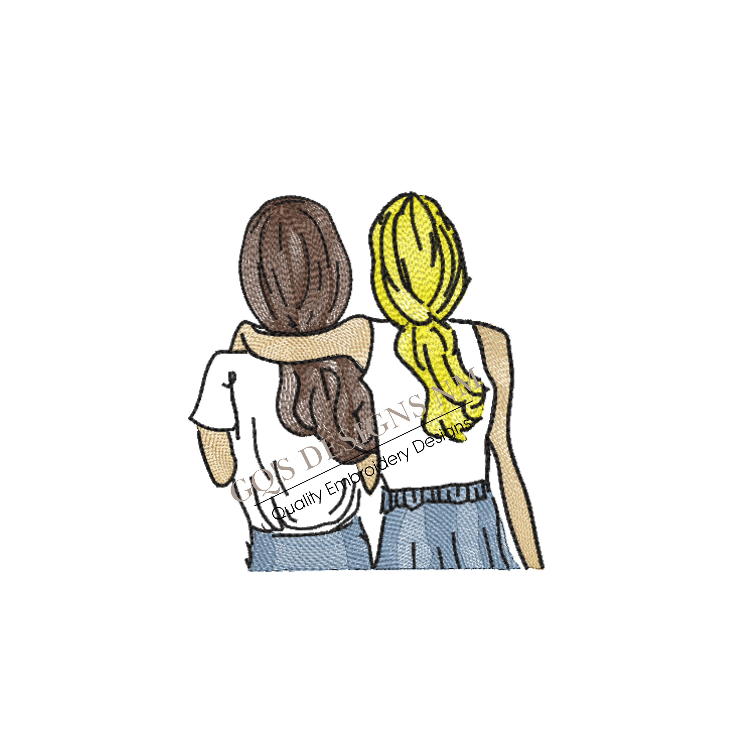 Best Friends with Ponytails Embroidery Design– 2 Girls, 6x10 Hoop, Instant Download