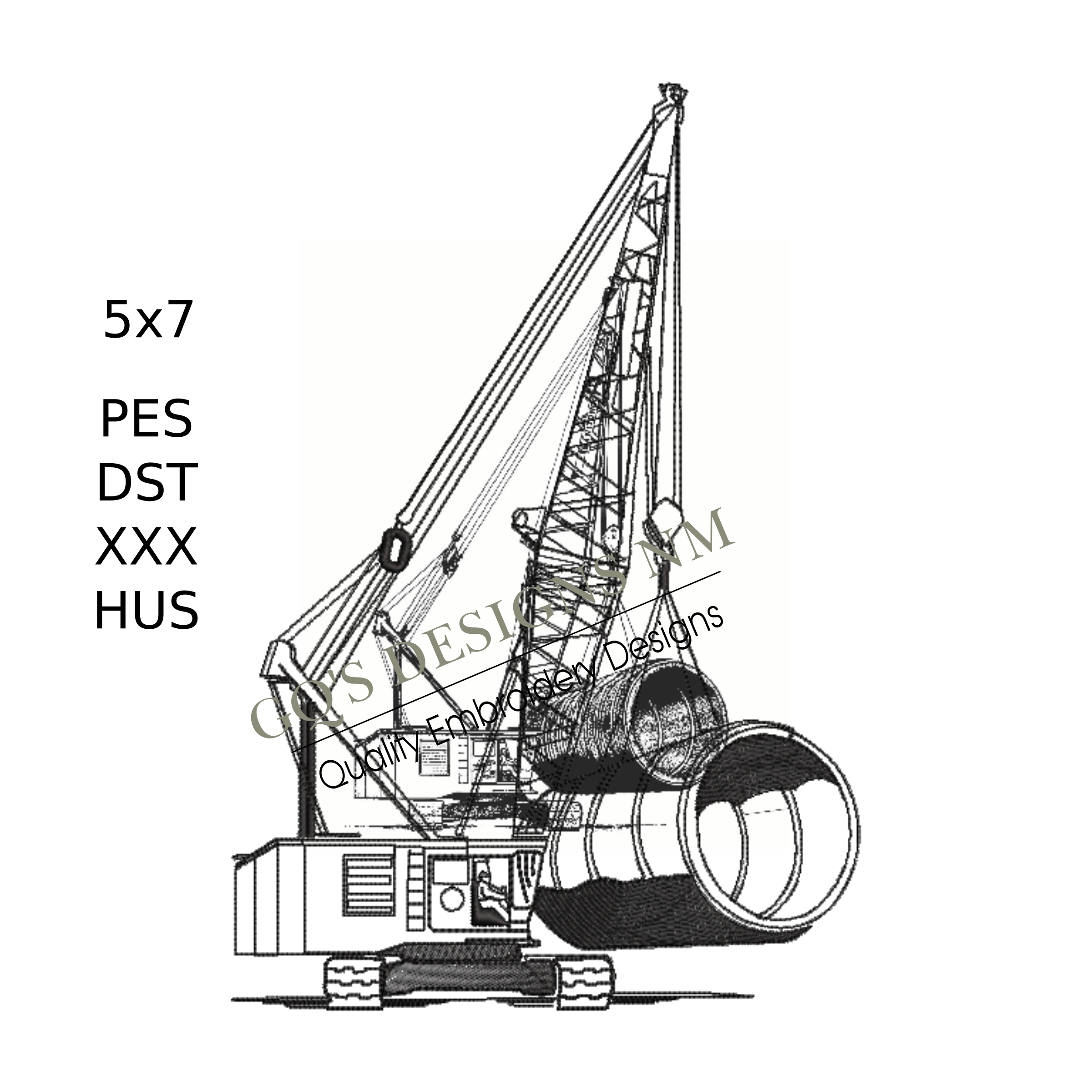 Crane construction equipment design for machine embroidery. In pes, dst, xxx and hus machine formats. Instant Download. For 5x7 hoop.