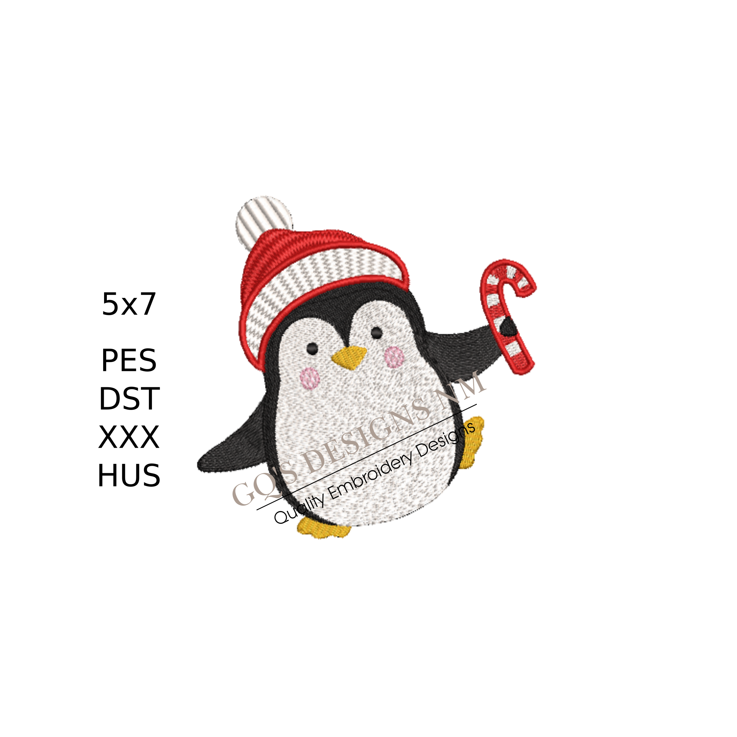 Cute candy cane penguin design for machine embroidery. In pes, dst, xxx and hus machine formats. Instant Download. For 5x7 hoop.