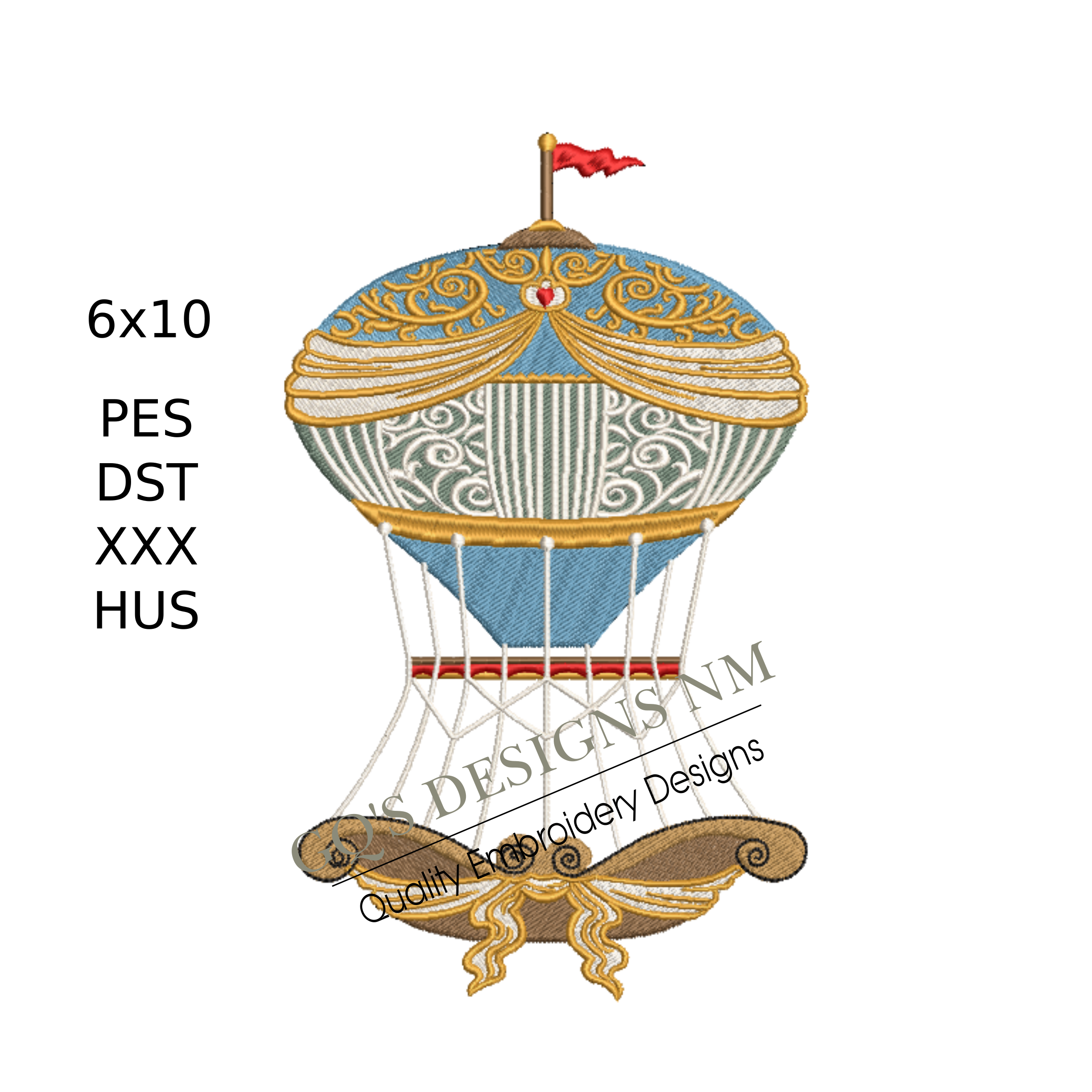 Cute fancy hot air balloon design. For machine embroidery in pes, dst, xxx and hus machine formats. Instant Download. For 6x10 hoop.