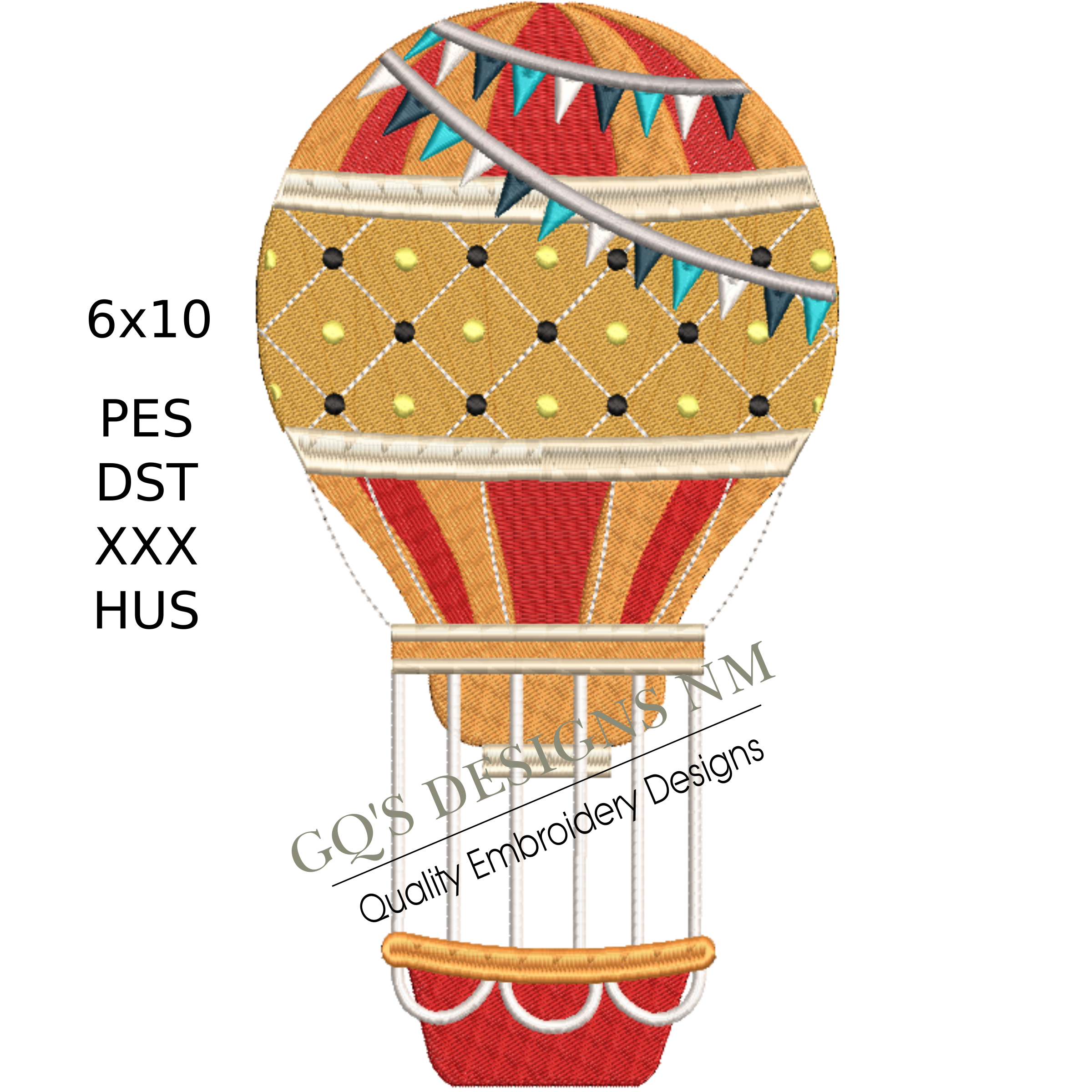 Cute hot air balloon design. For machine embroidery in pes, dst, xxx and hus machine formats. Instant Download. For 6x10 hoop.
