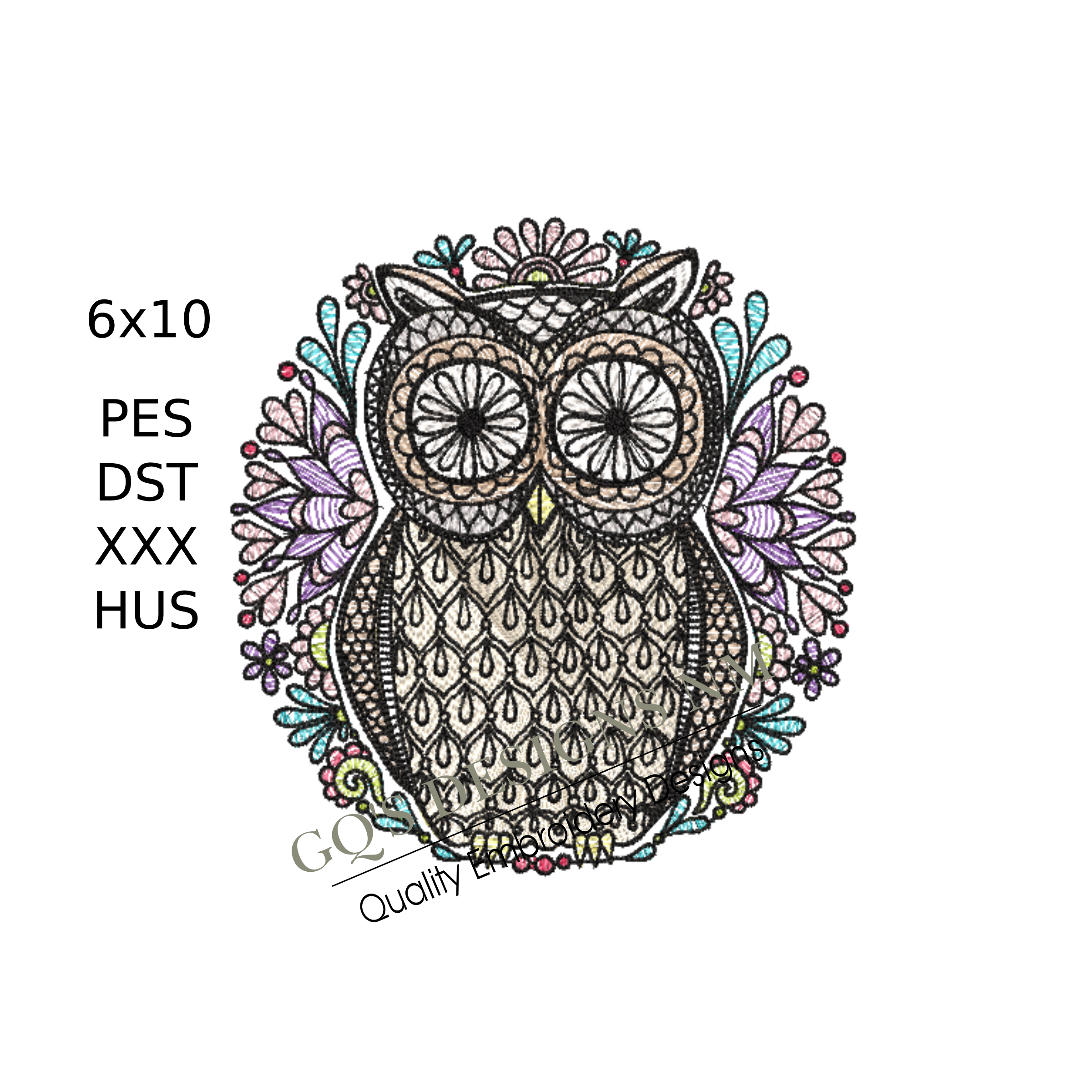 Cute owl mandala design for machine embroidery. In pes, dst, xxx and hus machine formats. Instant Download. For 6x10 hoop.