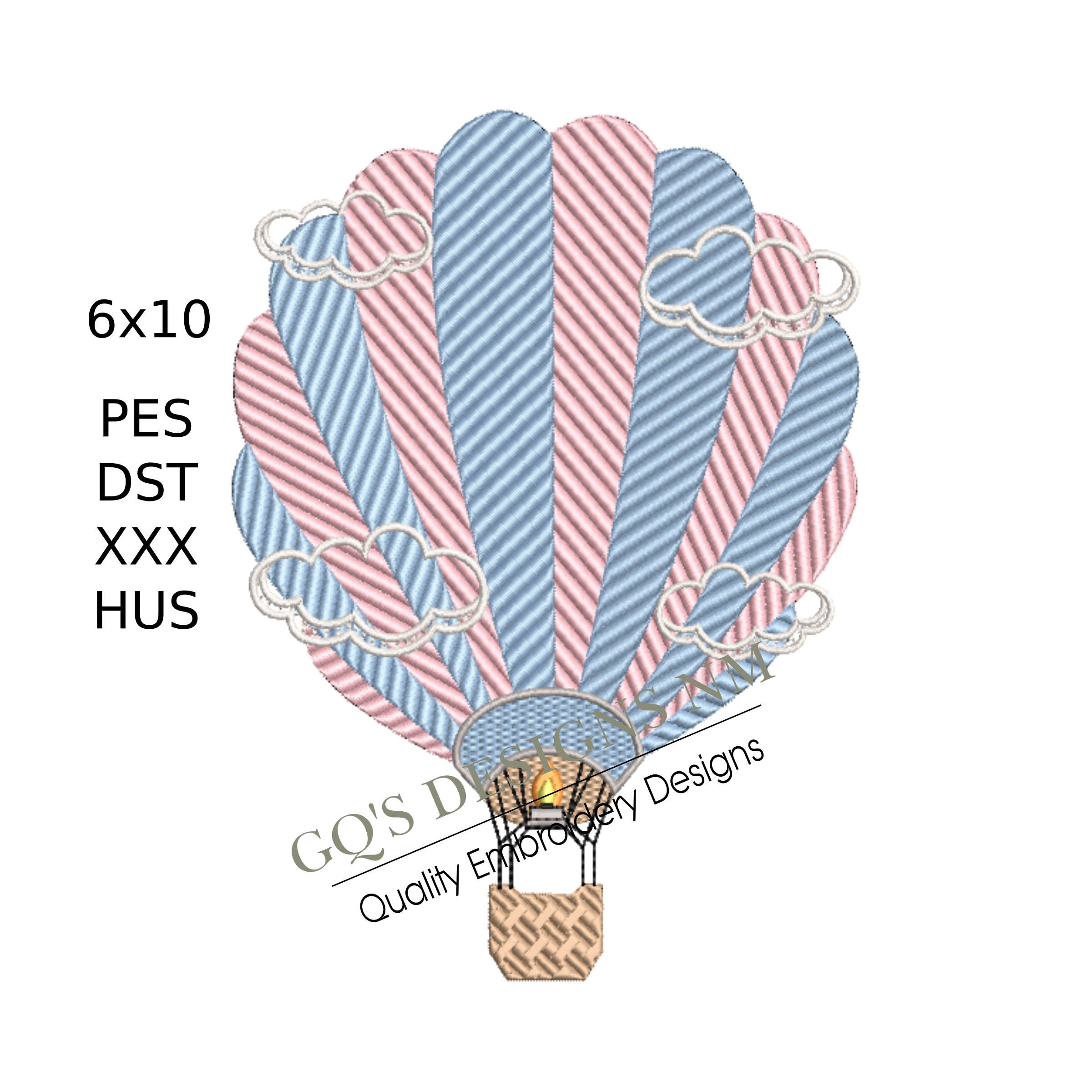 Cute pink and blue vintage hot air balloon design. For machine embroidery in pes, dst, xxx and hus machine formats. Instant Download. For 6x10 hoop.